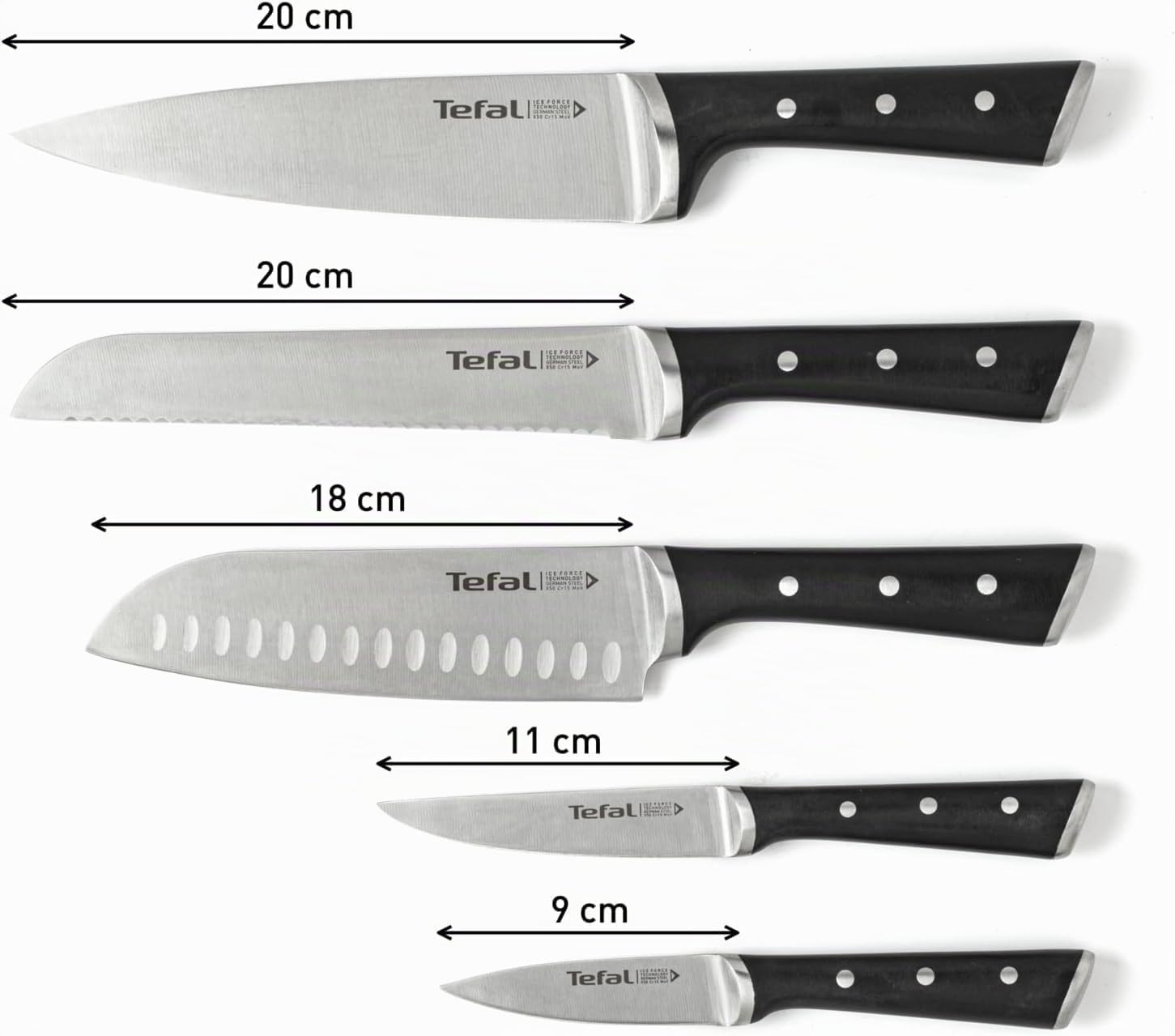 Tefal Ice Force – Bloque de 5 cuchillos: Pan 20 cm, Chef 20cm, Santoku 18 cm, Universal 11cm, Pelar 9cm | Acero Inoxidable Alemán, Tecnología Ice Force -120°C, Corte Preciso, Resistente a la Corrosión