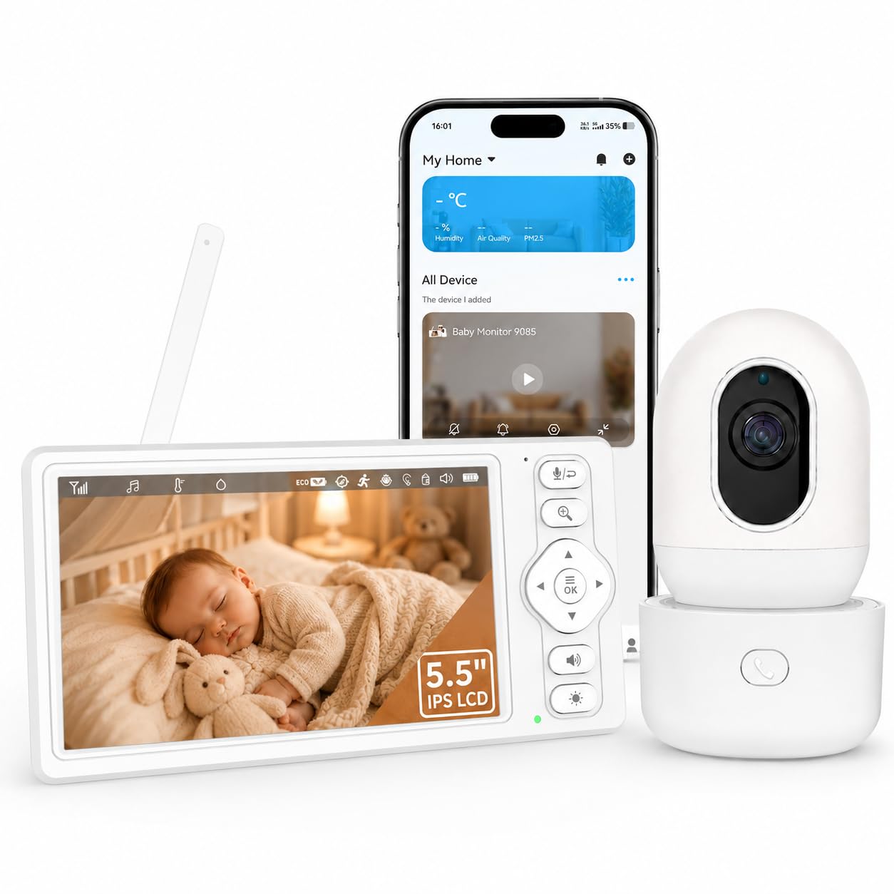 HelloBaby Baby Monitor 5.5" IPS Screen,5000mah Battery,1296p App View, Motion Detection Baby Monitor with Camera and Night Vision, ECO, 2-Way Talk, 8 Lullabies and 1000ft Range
