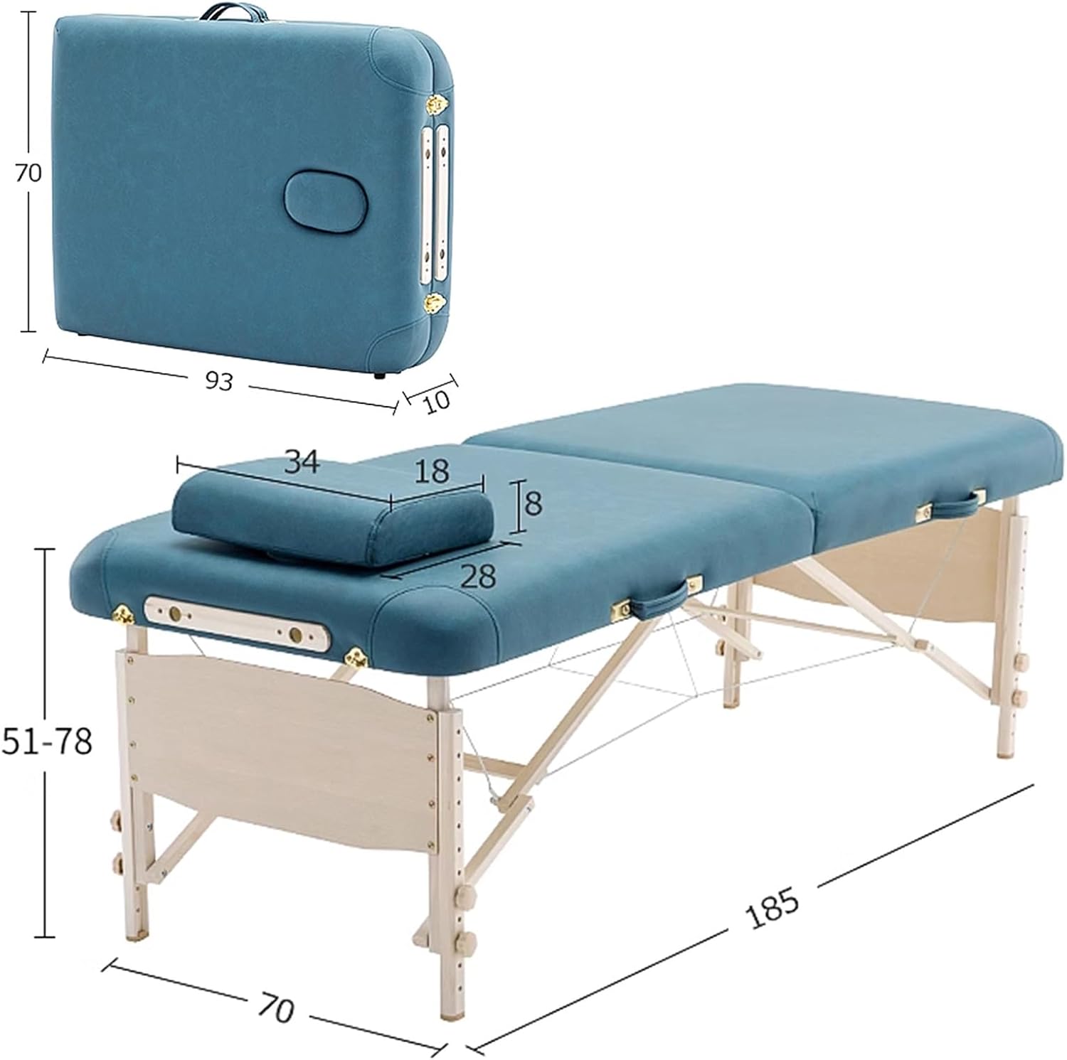 Portable Massage Table - Foldable Solid Wood Frame, Adjustable Height Esthetician Bed, Tattoo Table with Headrest & Stool, Includes Cover (Blue) - Ideal for Professionals