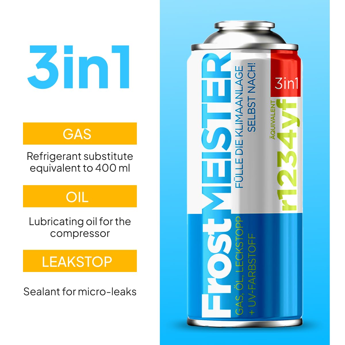 3 in 1 – Set di Ricarica per condizionatore d'Aria Auto (2 barattoli da 400 ml + Tubo con manometro e Adattatore) – Refrigerante di Ricambio, Olio compressore e sigillante per R1234yf