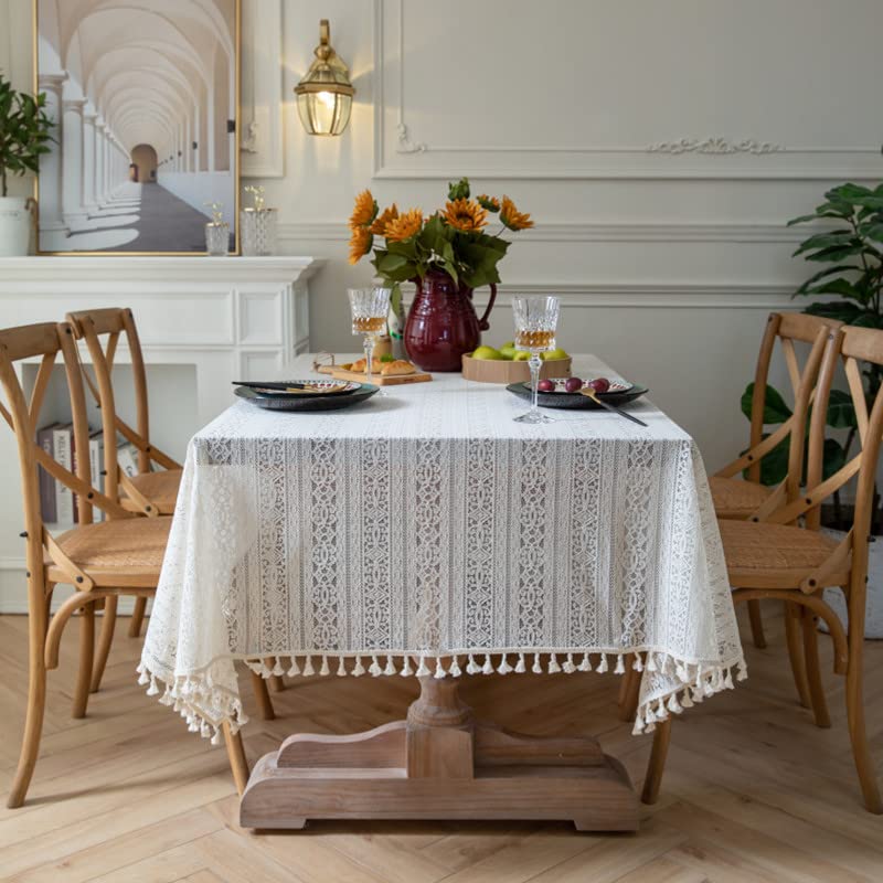 HeichkelL Tischdecke mit Quaste Vintage Spitzentischdecke Quadratisch Häkelspitze Deckchen Lace Tischtuch für Küche Hochzeit Party Beige 150 x 260 cm