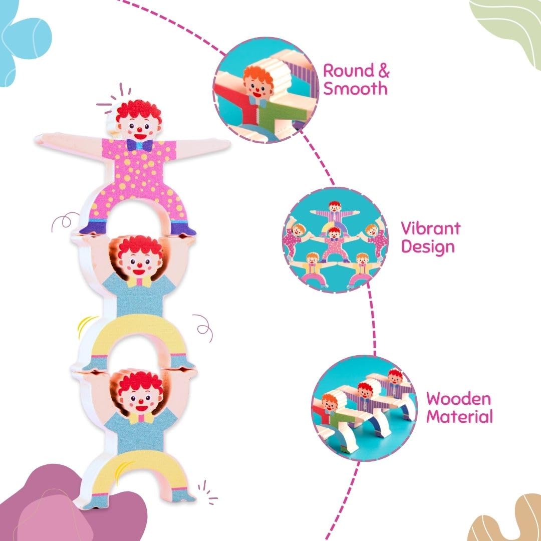 Cots and Cuddles Wooden Balancing Stacking 16pc Block Toys Board Game Learning Educational Stacking for Kids Age 3+ (Clown) - Image 7 thumbnail