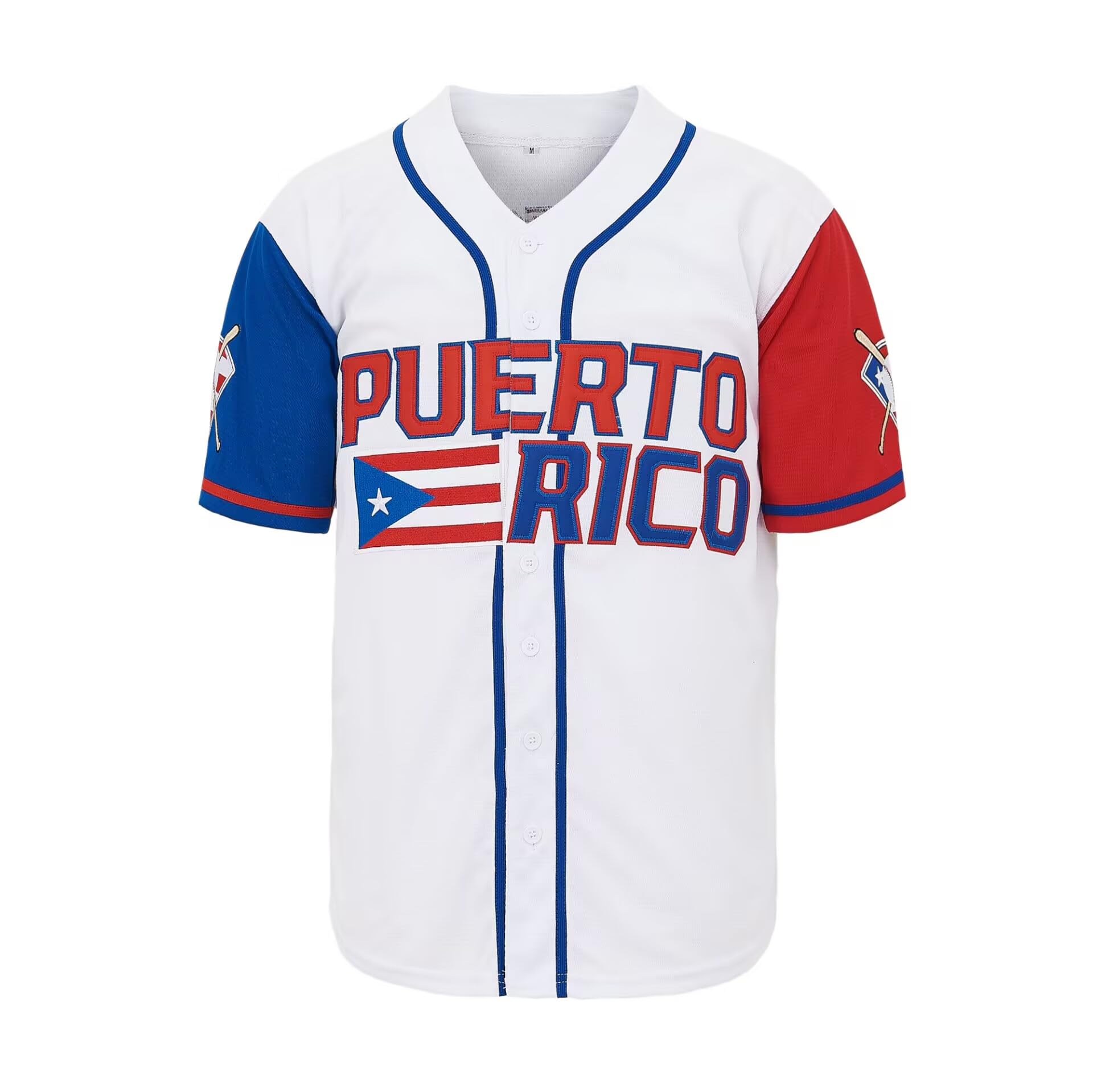 Men's Puerto Rico Baseball Jersey Vintage Embroidered Retro Hip Hop Jersey Stitched (US, Alpha, Medium, Regular, Regular, White)