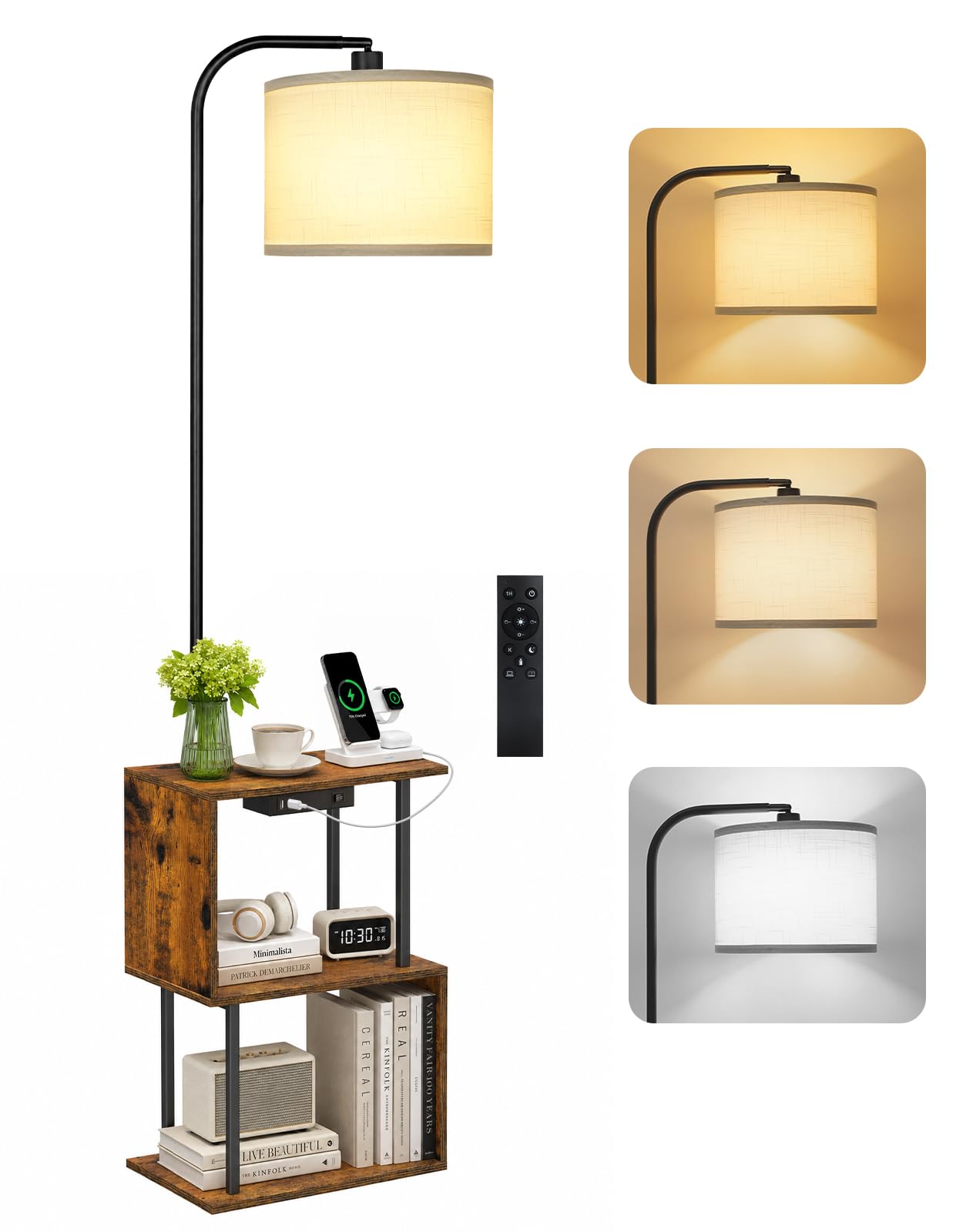 OUTONLIFE Dimmable Floor Lamp with Shelves & Charging Station, S-Shaped Side End Table with Remote, 3 Color Temperatures, 2 USB Ports, 1-Hour Timer, 12W LED Bulb, for Bedroom Living Room Office