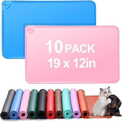 Skylety Paquete de 10 tapetes de comida para perros y gatos, de 19 x 12 pulgadas, de silicona, multicolor, antideslizante, con borde, impermeables,