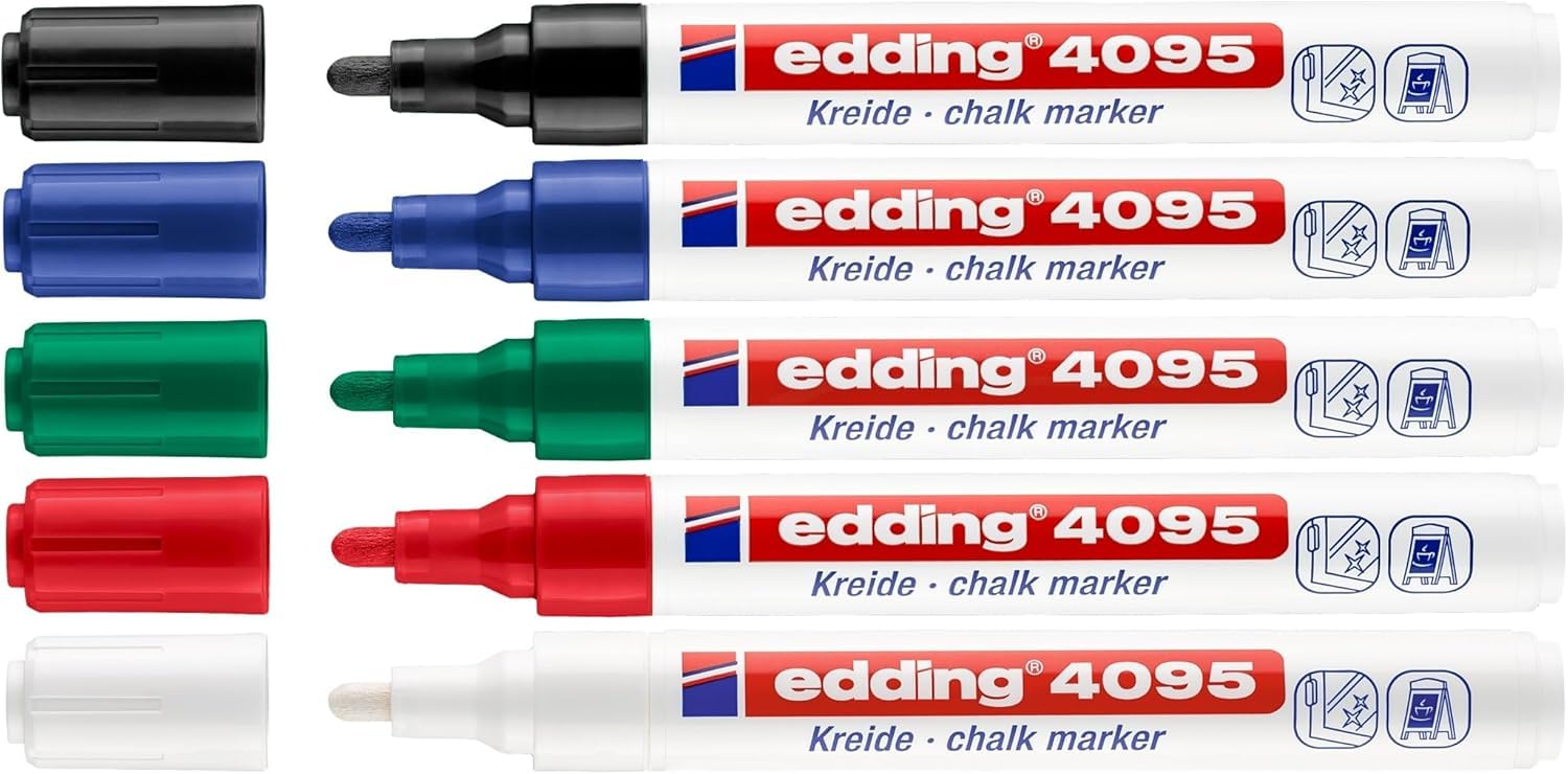 edding 4095 Kreidemarker Sets - Rundspitze 2-3 mm - Kreidestift für Tafel abwischbar - zum Beschriften von Fenster, Glas, Spiegel - Tafelstift mit deckenden Farben (5er-Set - Grundfarben)