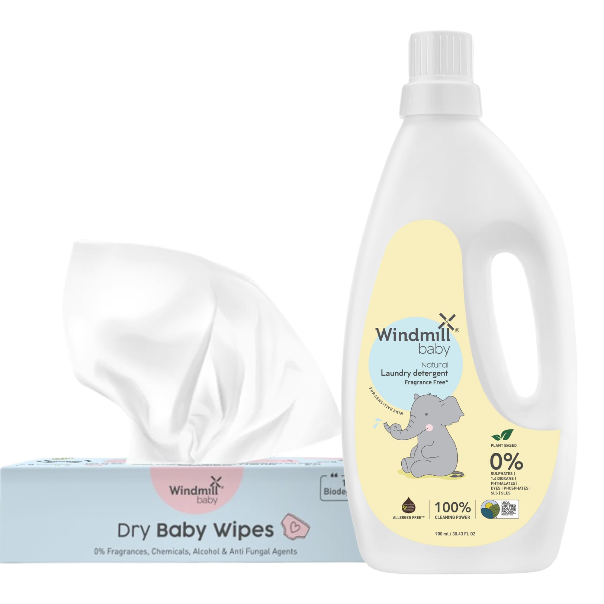 Windmill baby Natural Dry Baby Wipes (72 pcs) and Natural Fragrance Free Laundry Detergent Combo (900ml), Certified Allergen and Toxin Free-picture-21