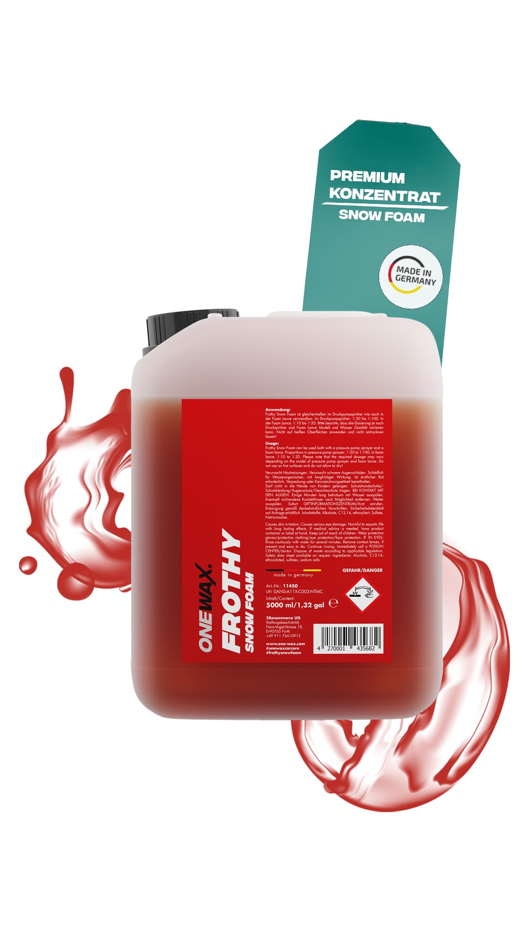 Frothy Premium Snow Foam 750ml Schaumstarkes Auto Shampoo pH neutral - hohe Reinigungskraft - Stark Schäumend - Erdbeer Duft (1 STK) (5 Liter Kanister)