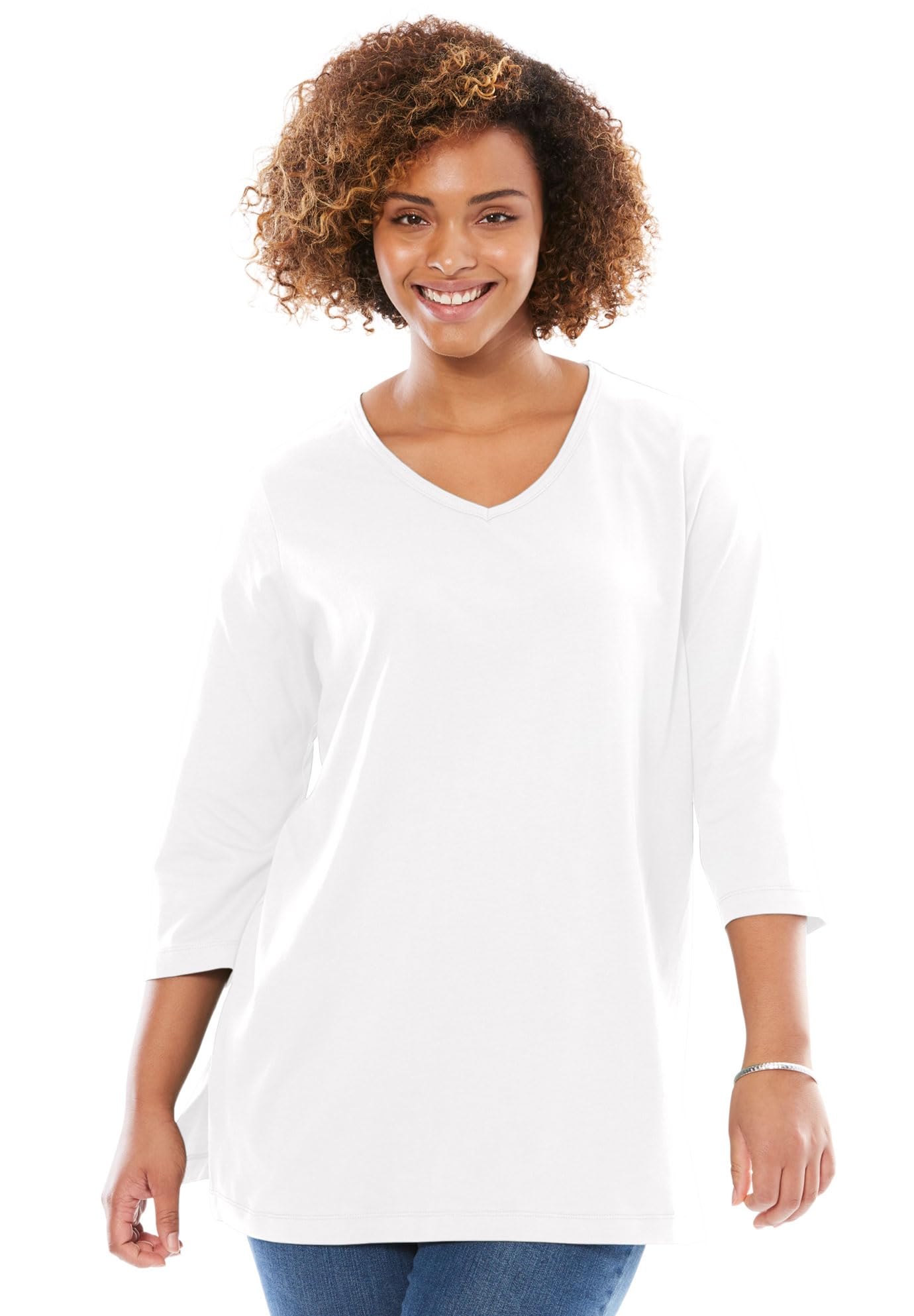 Woman Within Plus Size Perfect Three-Quarter Sleeve V-Neck Tunic