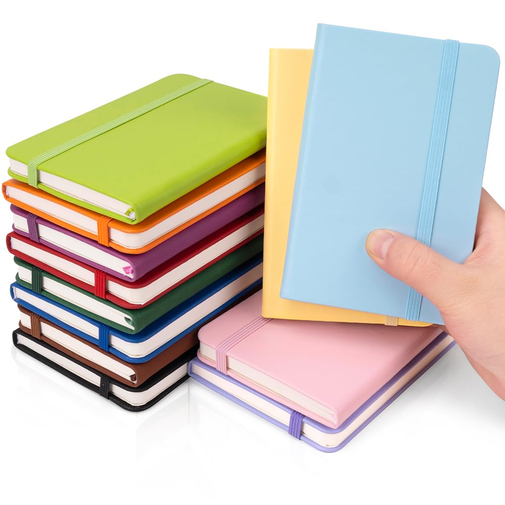 Dynta Diari tascabili, 12 confezioni di piccoli quaderni da 8,9 x 14 cm, 120 pagine/60 fogli, 12 colori, mini diario con copertina rigida in pelle, blocco note a righe universitarie per ufficio