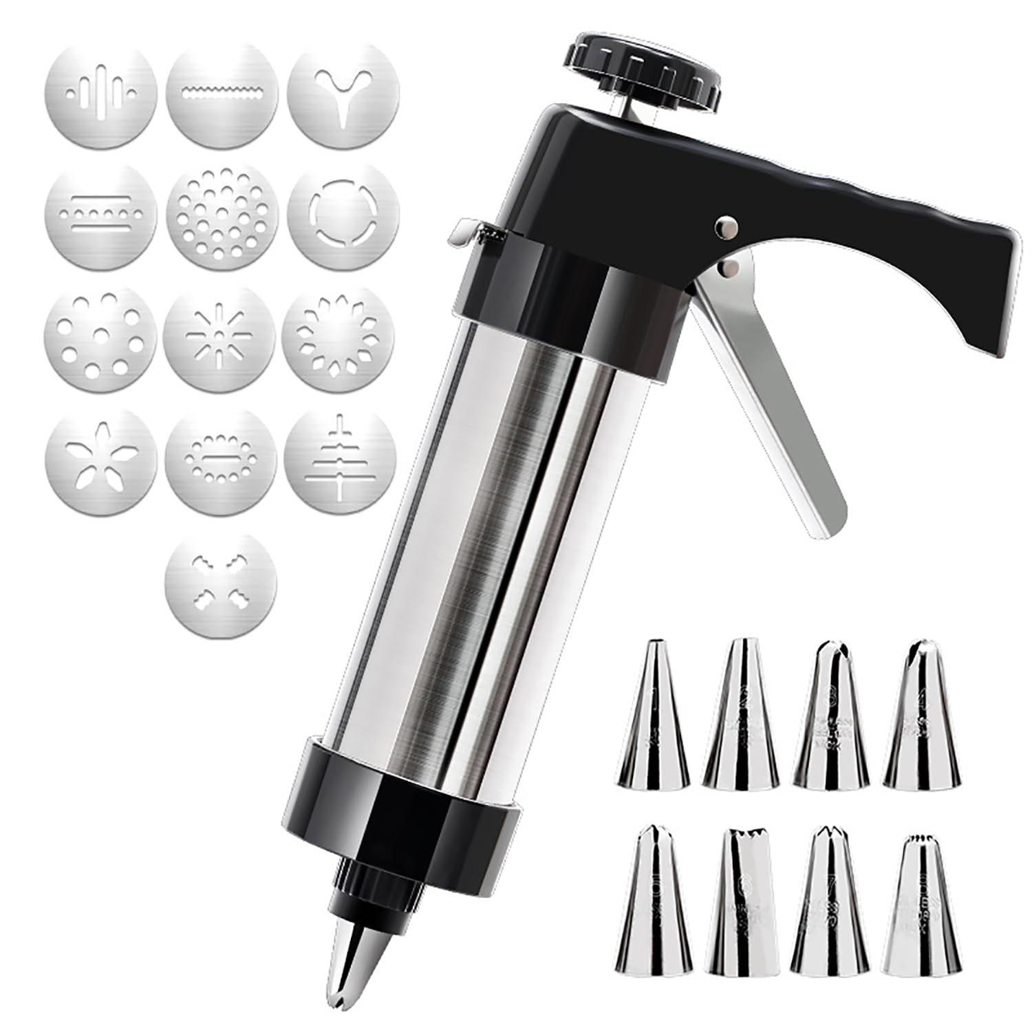 Sparabiscotti Pressa per Biscotti in Acciaio Inossidabile,Professionale Biscotto in Inox Biscotti Sparabiscotti con 1 PCS Pistola di Glassa + 8 PCS Stampo per Biscotti + 4 PCS Punte di Glassa Biscuit