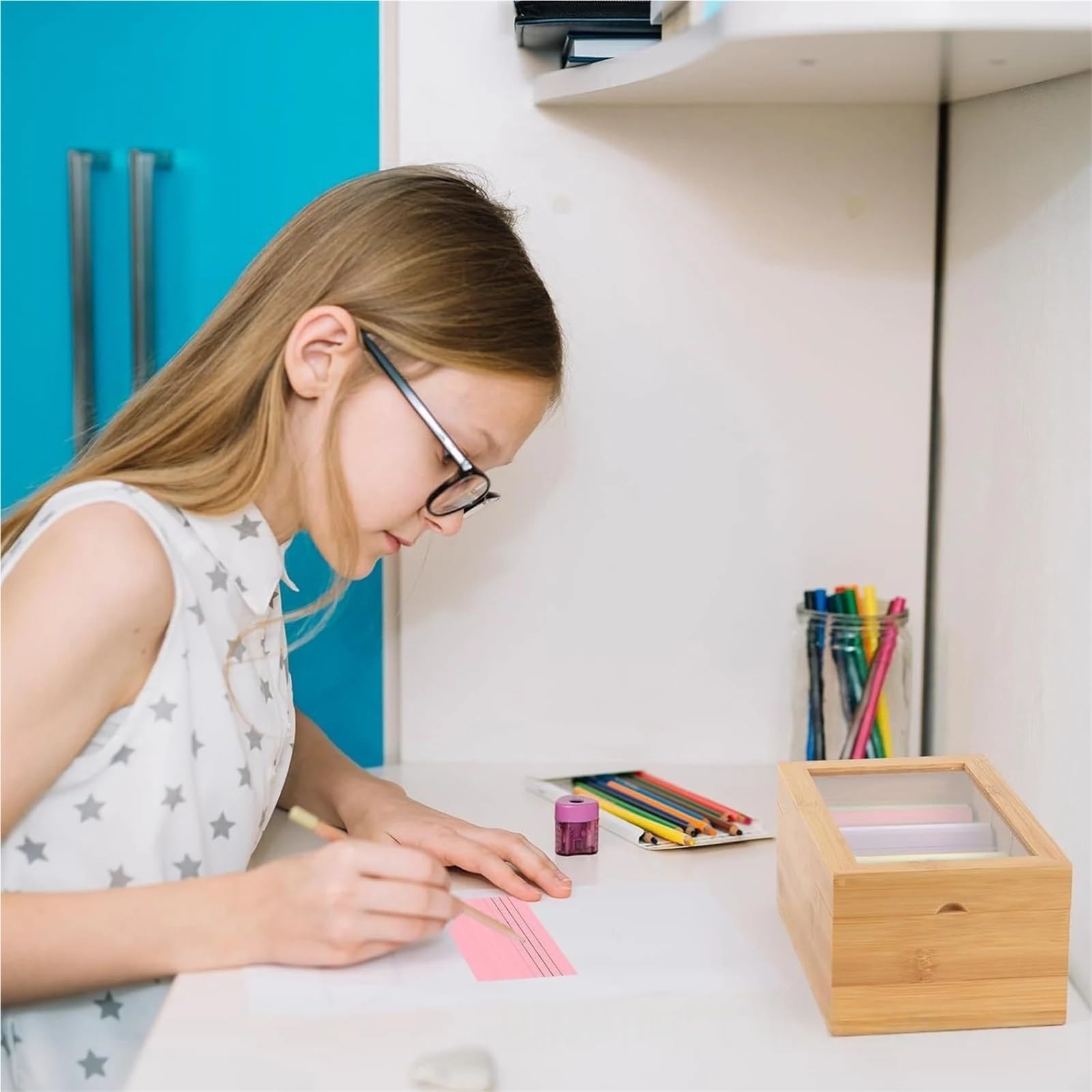 Lot de 2 boîtes de rangement de bureau pour notes adhésives en bois avec séparateurs pour cartes d'index de 7,6 x 12,7 cm pour économiser de l'espace