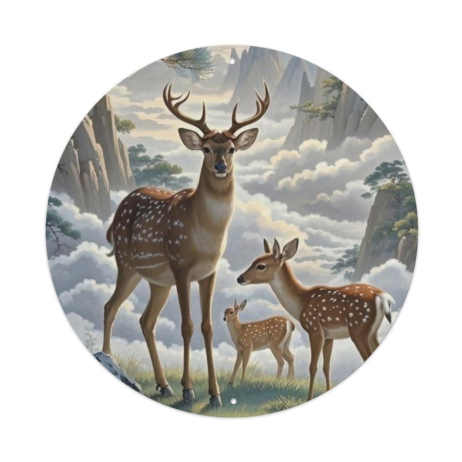 Wildlife Serene Forest Deer Family with Mountain Landscape And Sunlight Vintage Metal Tin Sign Plaque Wall Decor for Cafe, Club Bar, Office, Garden Metal Poster 8x8Inch