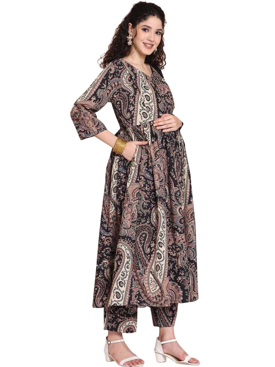 Women Viscose Rayon Anarkali Maternity and Feeding Zip Kurti Pant Set