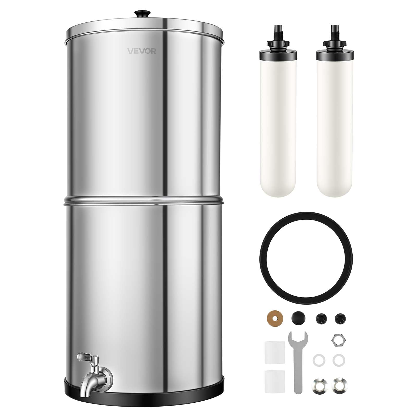 VEVOR Sistema de Filtración de Agua por Gravedad 11,36 L Acero Inoxidable, Reduce el Plomo y Hasta el 99% del Cloro, Con 2 Filtros de Carbón Cerámico, Con Grifo, Para Encimera, Para Hogar, Camping