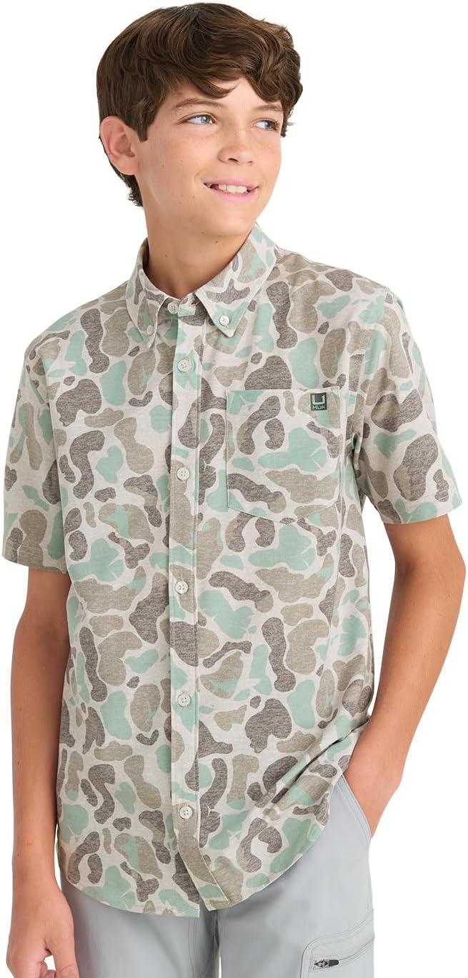HUK Boys' Kona Pattern Short Sleeve Fishing Button Down Shirt
