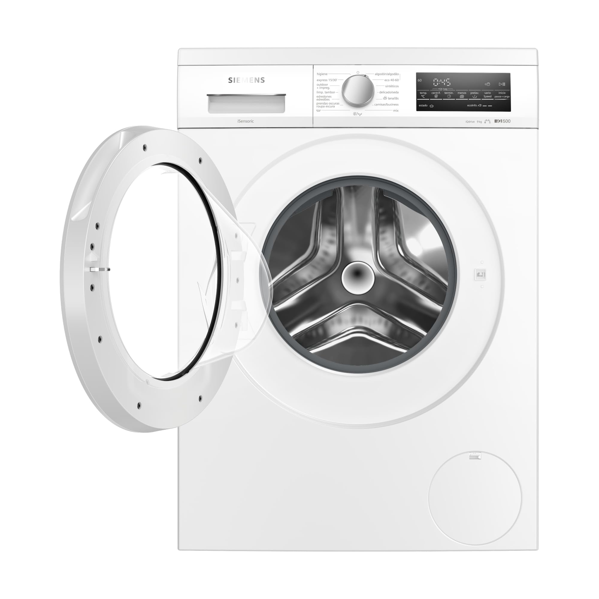 Siemens, Lavadora iQ500, 9kg, Programas rápidos, blanco, WU14UT62ES | Ajusta el consumo de agua a la cantidad de ropa y acelera los ciclos de lavado para disfrutar de tu tiempo libre sin esperas