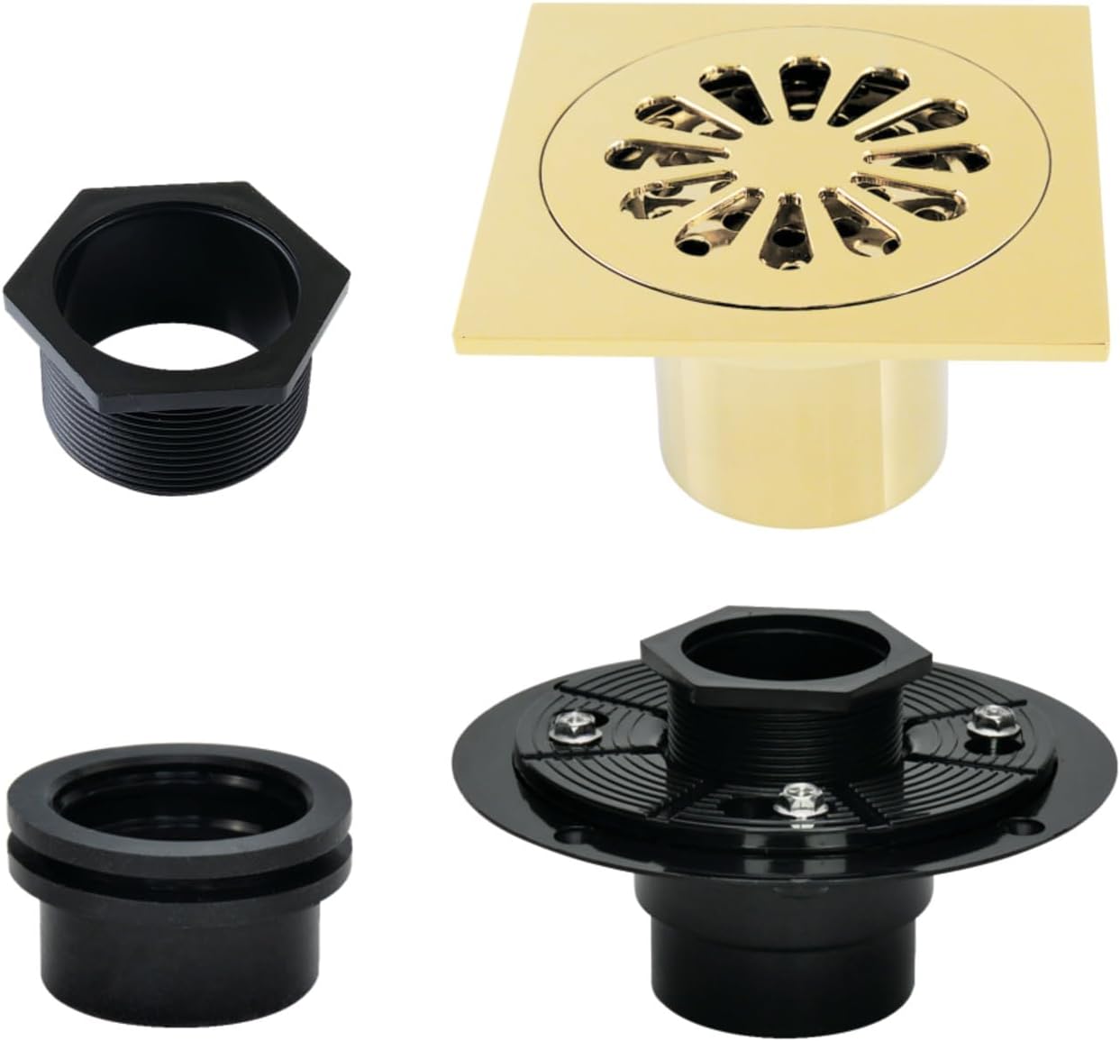 4" Brass Square Grid Shower Drain with Hair Strainer and Base Flange, Polished Brass