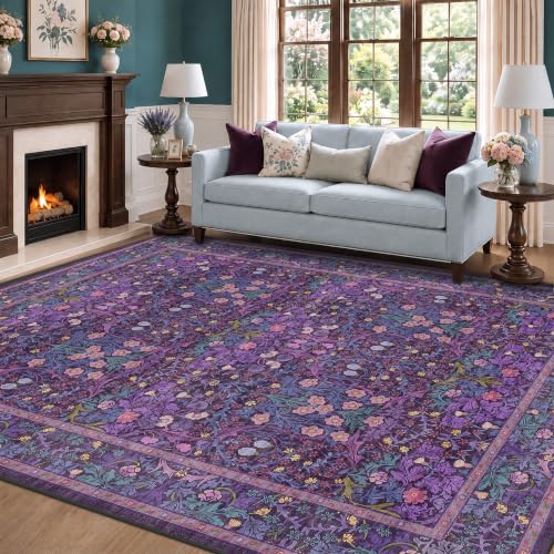 Machine Washable Dark Plum Purple Area Rug 8x10 Vintage Botanical Pattern
