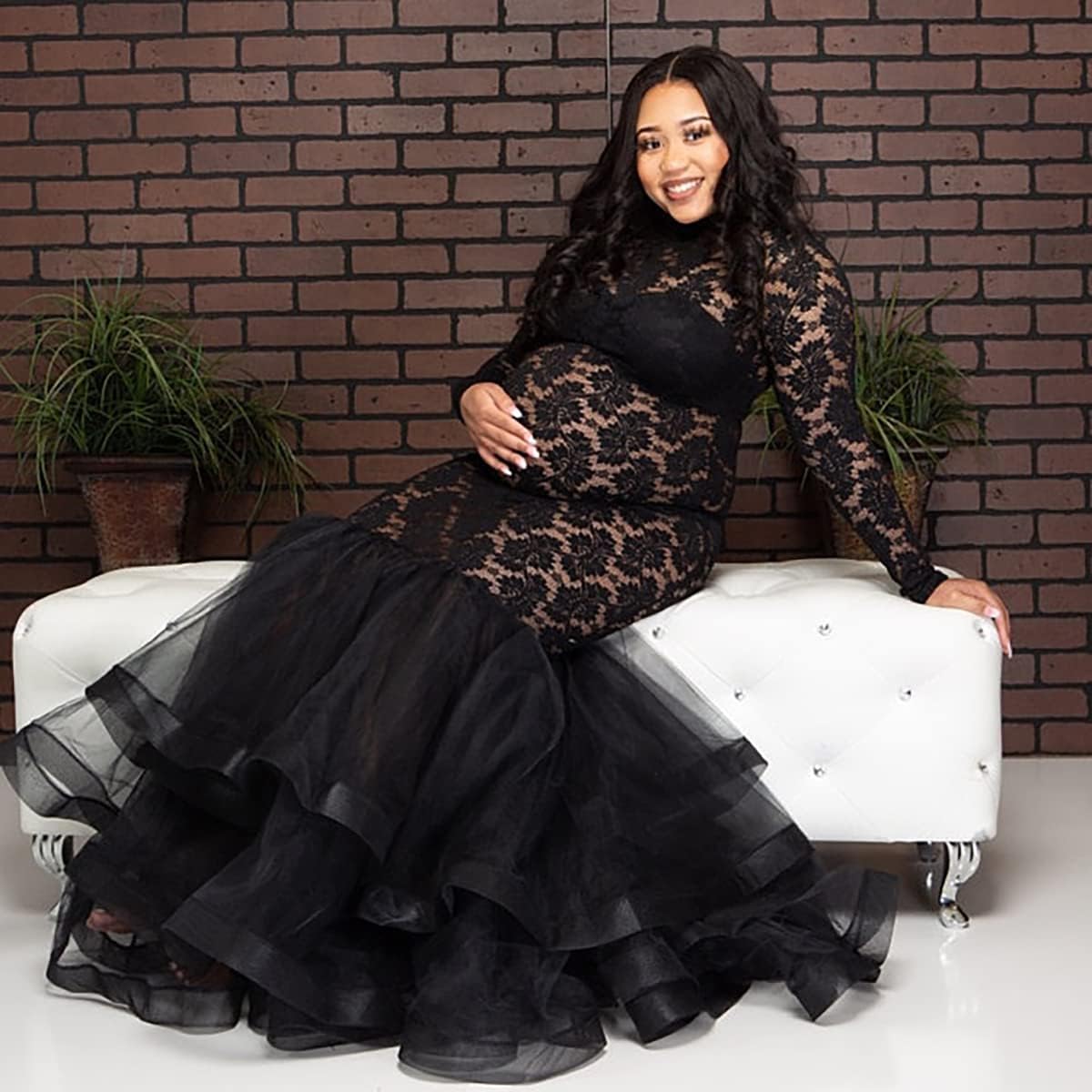 Lace Maternity Photography Mopping Dress for Women Mesh Patchwork Maxi Dress Black Pregnancy Gown for Photo Shoot