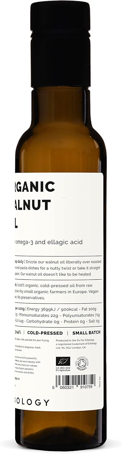 Erbology Organic Walnut Oil 8.5 fl oz - Cold-Pressed - Supports Cognitive Health - Straight from Farm - Non GMO - No Additives or Preservatives - Recyclable Glass Bottle