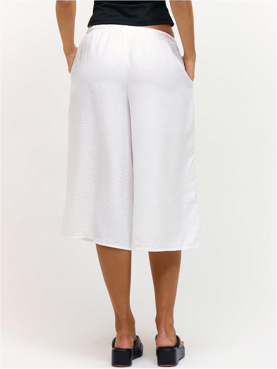 Verdusa Women's Linen Wide Leg Capri Pants with Pockets Low Rise Sheer Baggy Capris