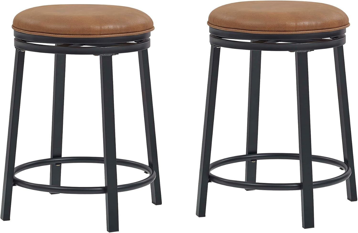 Set of 2 24" Round Swivel Bar Stools, Backless Counter Height Stools with Sturdy Metal Frame & Leather Upholstered Seat, Small Bar Stools for Kitchen Island, Home Bar(Brown)