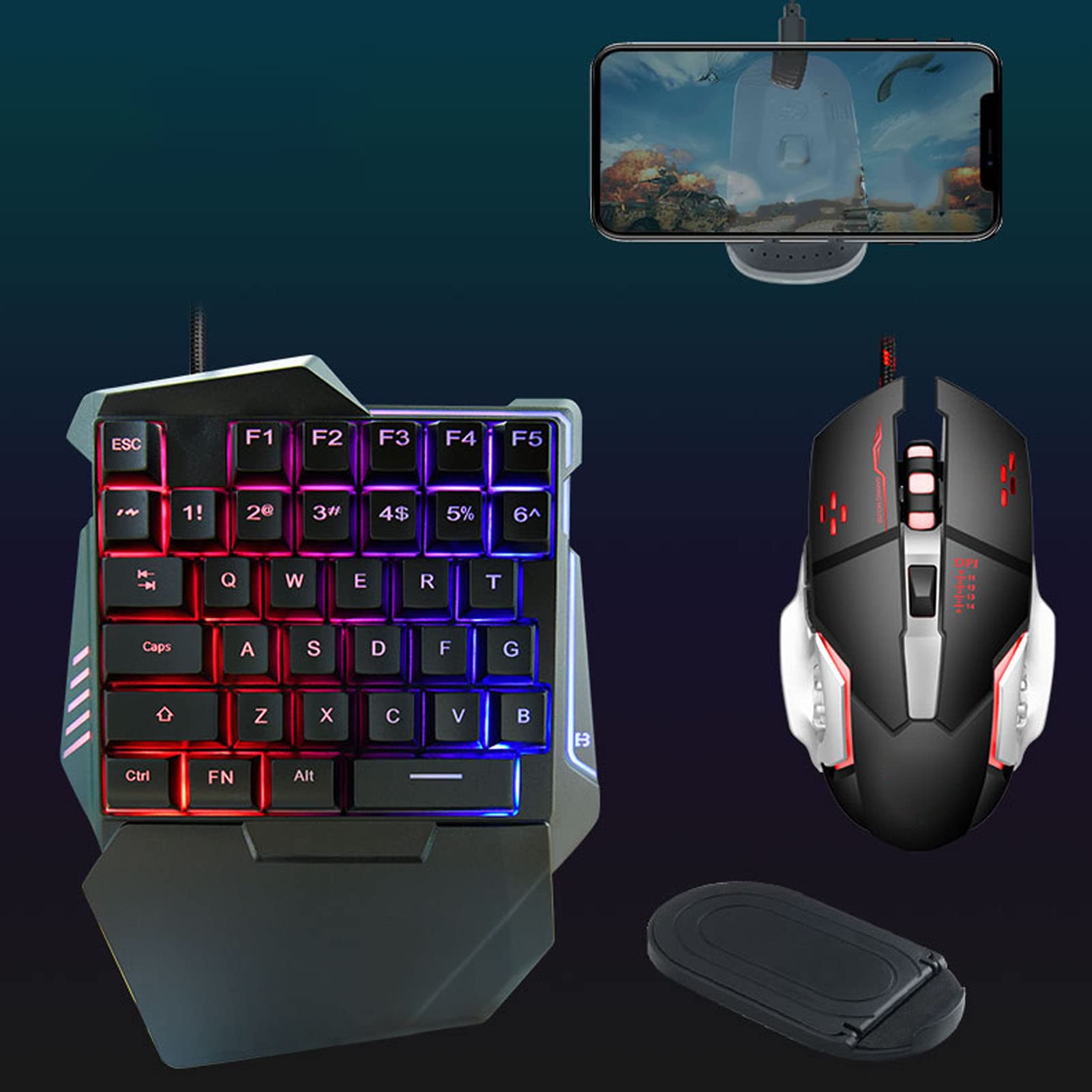 Conversor de ratón para juegos con una sola mano, con cable, 35 teclas, teclado retroiluminado, 6 teclas, juego de convertidor de ratón para juegos con soporte, profesional