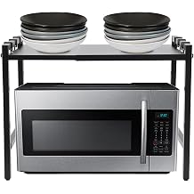 Microwave Stand, 2-Tier Extendable Microwave Oven Rack with 6 Hooks, Countertop Steel Kitchen Organizer, Adjustable Heavy Duty Storage Shelf for Kitchen, Balcony, Restaurant Black