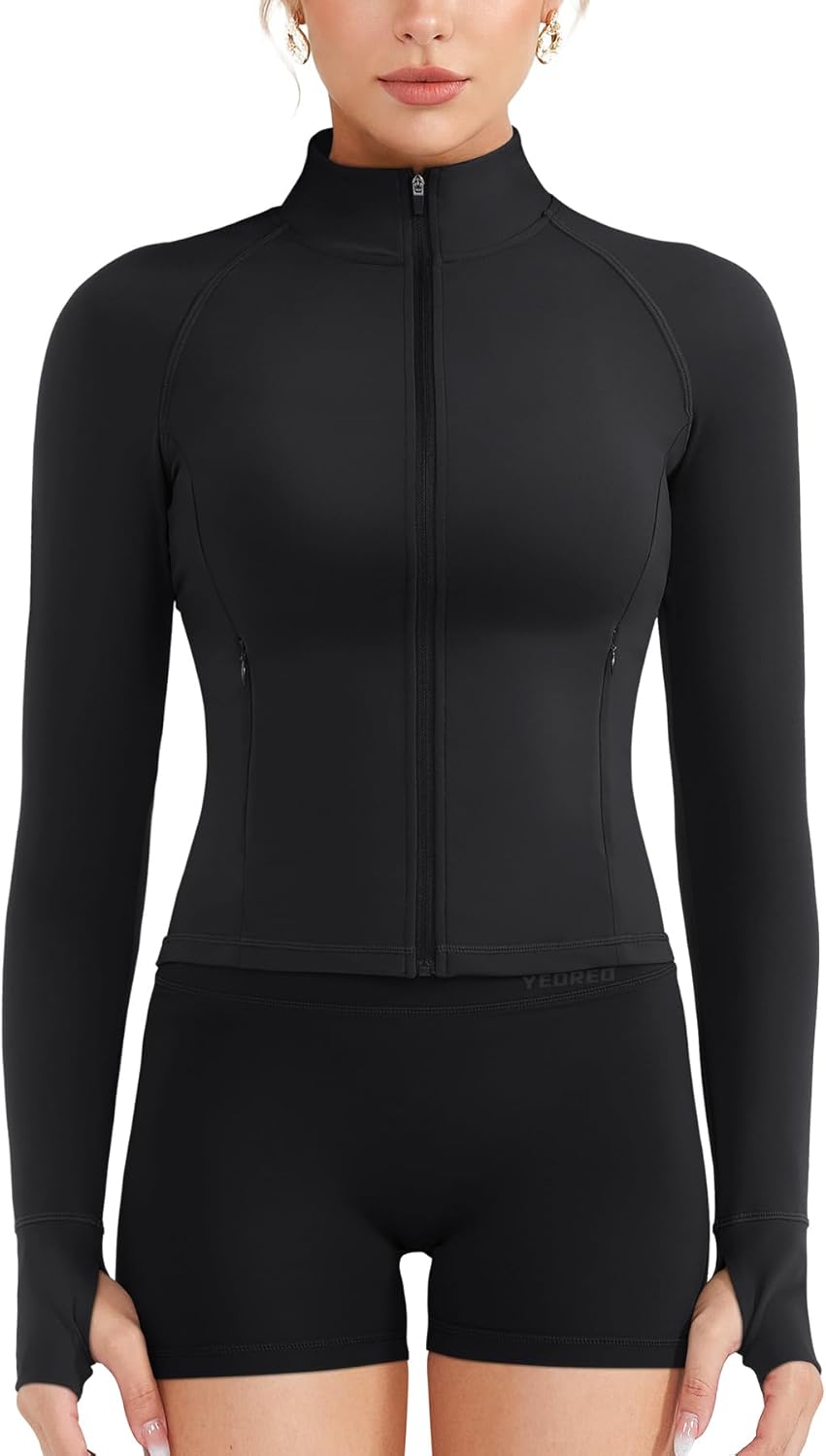 YEOREO Women Full Zip Workout Jacket with Pockets Thumb Hole Long Sleeve Athletic Cropped Jackets Gym Yoga Top - Image 5