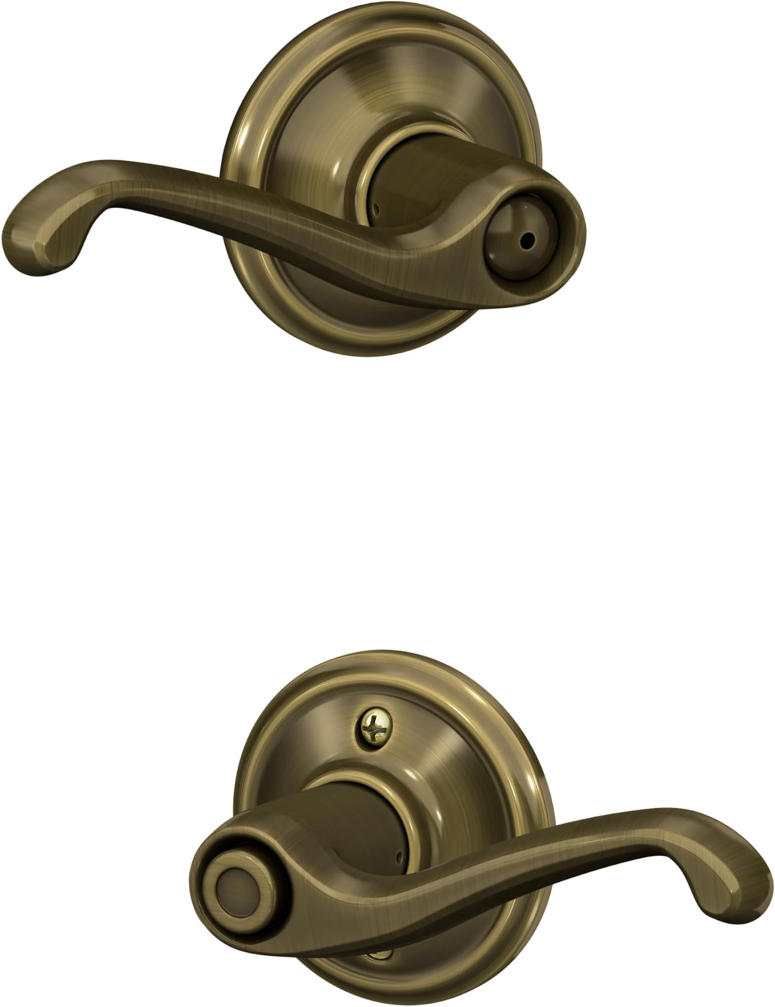 Schlage Flair Bed/Bath Privacy Door Handle with Lock, Antique Brass | Interior bedroom or bathroom door lever with push button lock, Reversible, Easy install, Certified durability, Universal fit