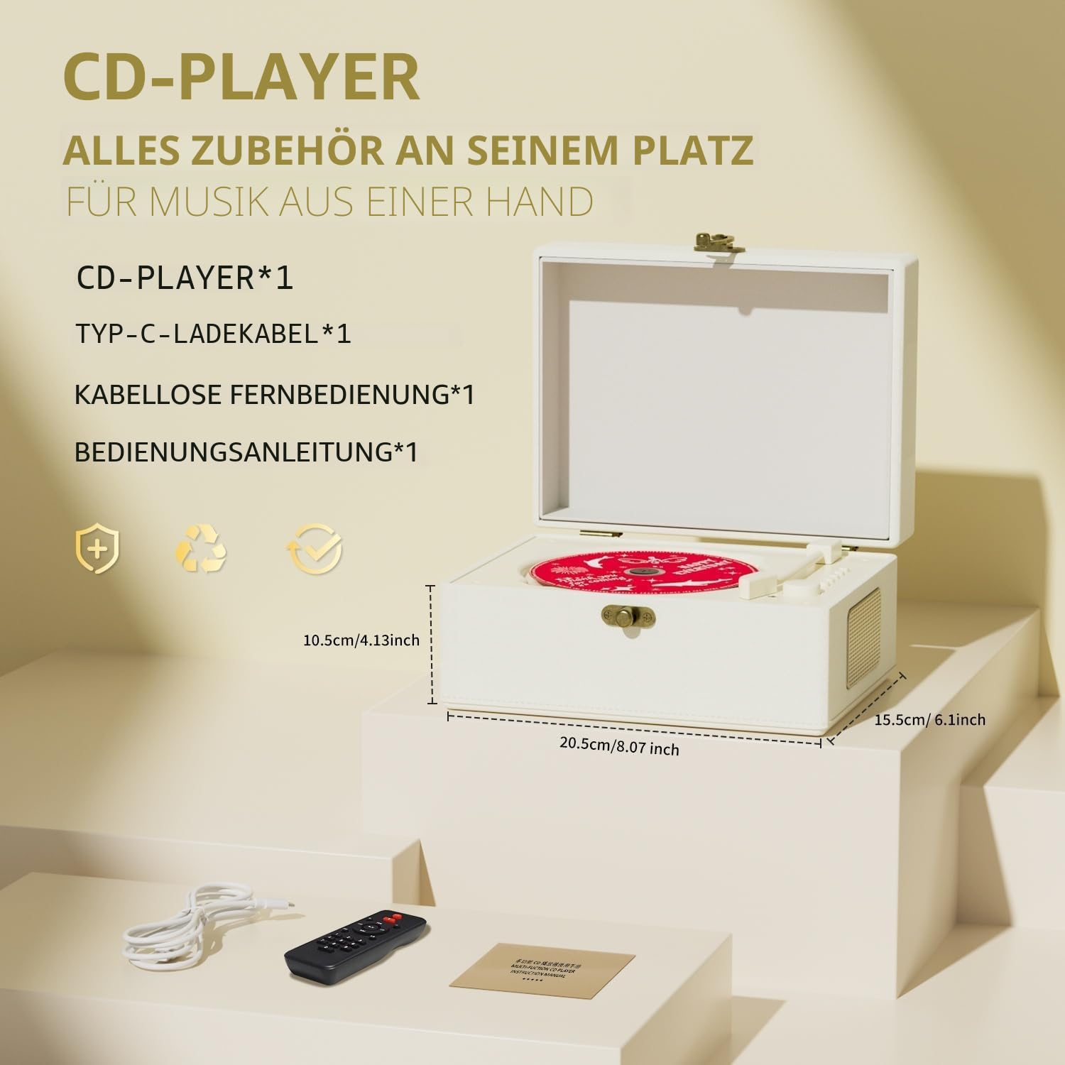 Yintiny Wiederaufladbarer CD-Player aus Leder mit Lautsprechern, Bluetooth-Sender, Festival-Geschenk, BGM-Player für Heimdekoration.