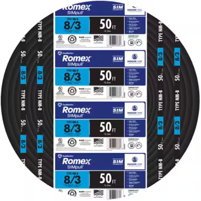 Southwire 63949232 8/3 Romex Type Nm-B W/g Non-Metallic Wire, 50 ft, Black