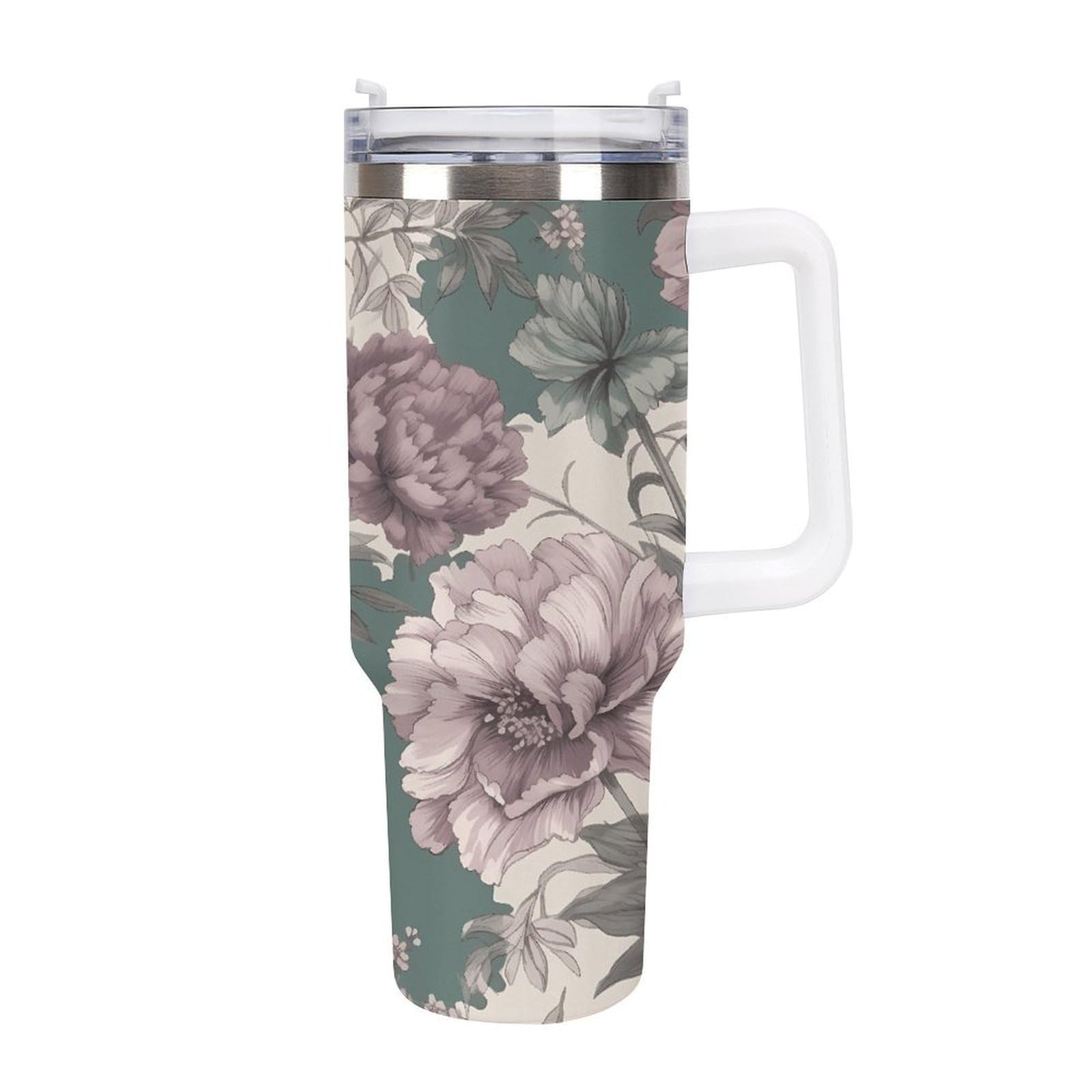 Violette Blumen-Tassen mit Strohhalm und Griff, doppelwandig, Vakuumisolierung, Wasserflaschen für Eiskaffee, Tee, heiße und kalte Getränke