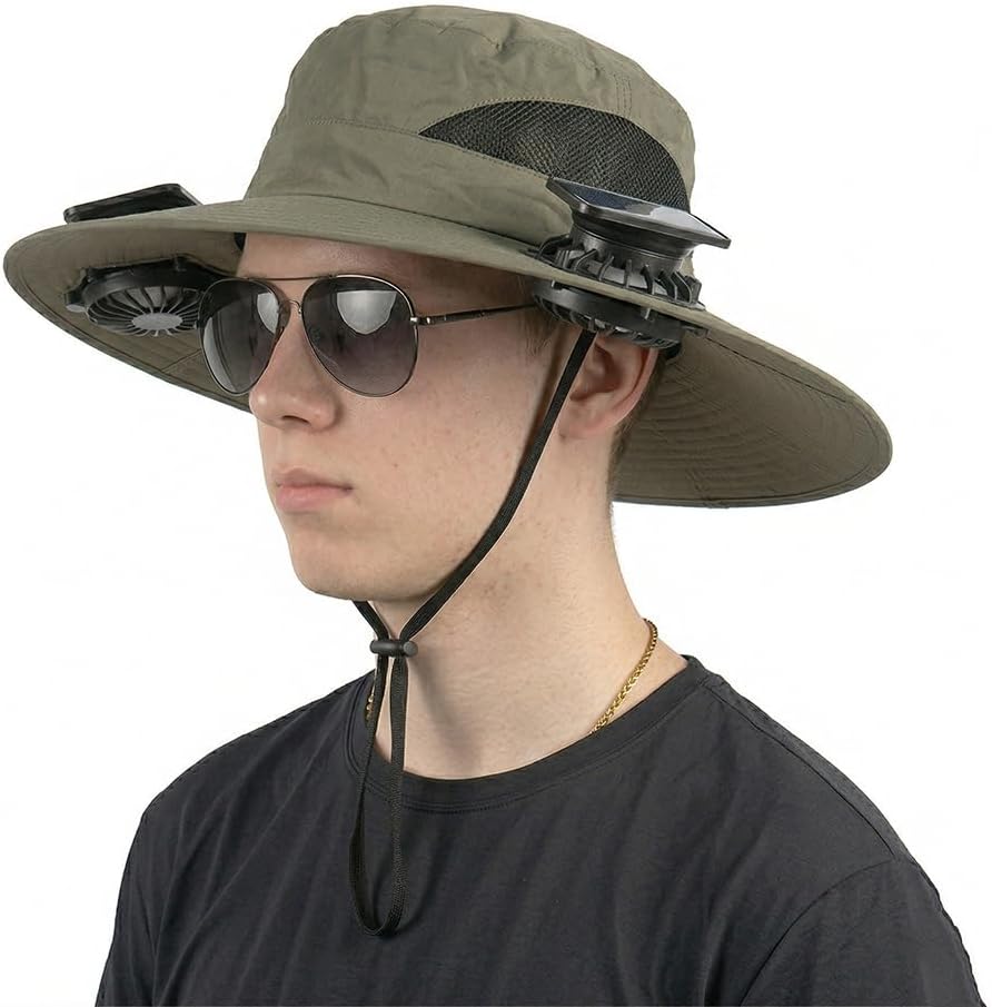 Solar Fan Hat, Wide Brim UPF 50 Plus, Sun Protection, Dual Fans USB Charging, Adjustable Speeds, Great for Gardening Weeding