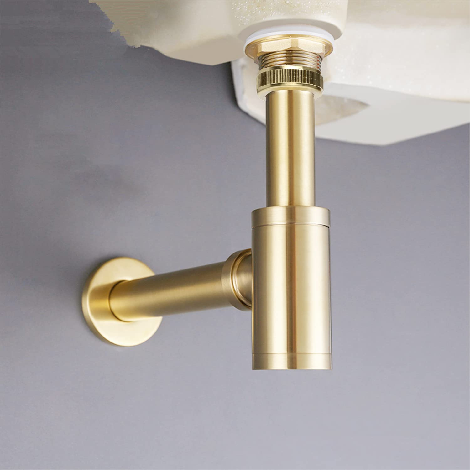 Sifone di design [Tubo di immersione extra lungo da 200 mm], 1 1/4 x 32 mm Spessore regolabile dei tubi, Sifone universale in ottone per lavabo e lavandino, blocco odori (Oro spazzolato)