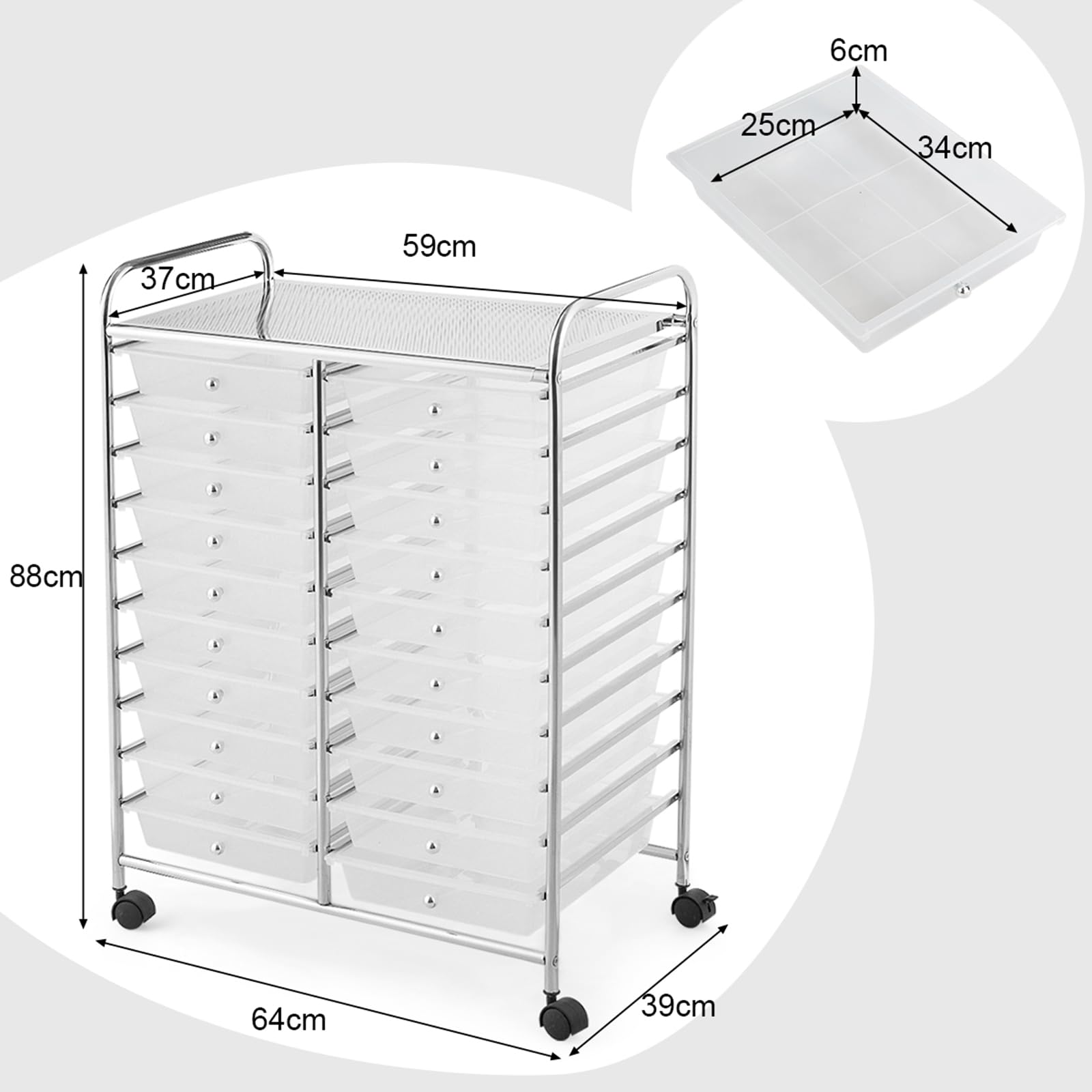 COSTWAY Carrello di Stoccaggio con 20 Cassetti, Carrello portaoggetti con 4 Ruote, Carrello Multiuso per Scuola Ufficio Cucina, 64 x 39 x 88 cm (Trasparente)