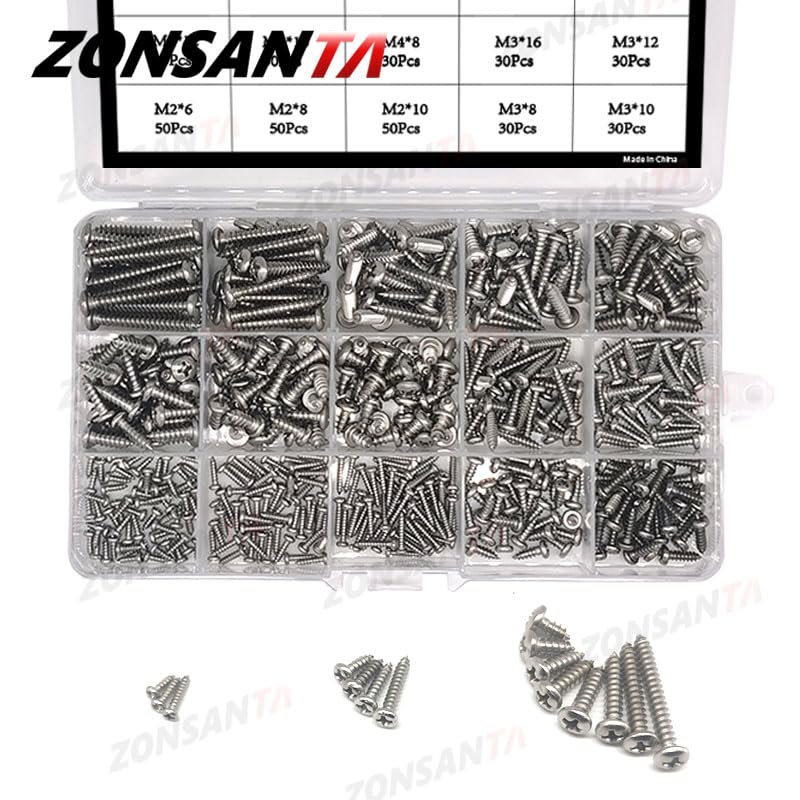 ZONSANTA 460Pcs M2 M3 M4 Phillips Round Head Self tapping Screw Set Stainless steel Pan Head Wood Screws Assortment Kit - (Color: 304 stainless steel)