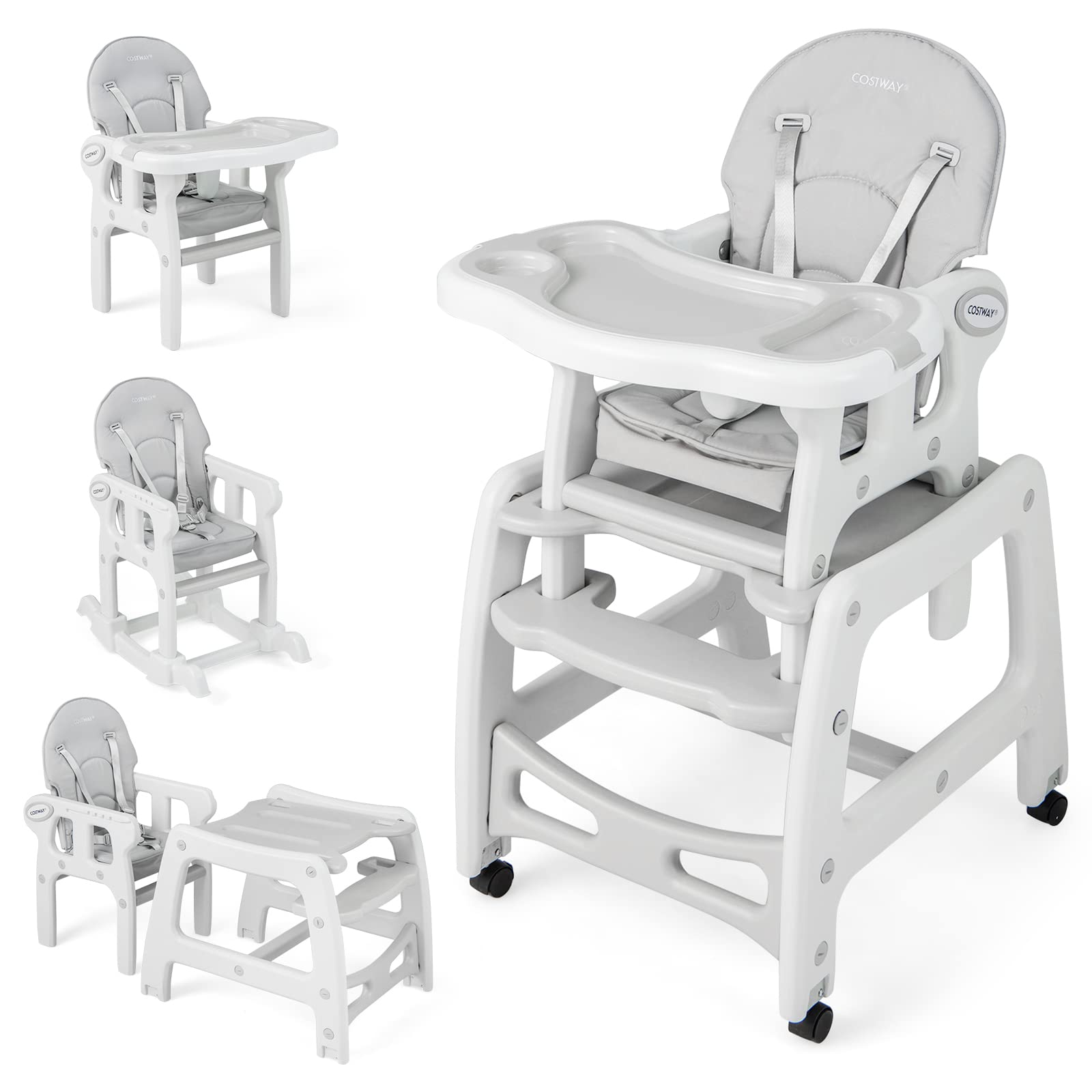 COSTWAY 3 in 1 Seggiolone Pappa Bambini, Seggiolone Neonati con Vassoio Rimovibile, Sedia e Tavolo Convertibile Ragazzi, Schienale Regolabile, Cintura di Sicurezza, per Bambini 6-36 Mesi (Grigio)