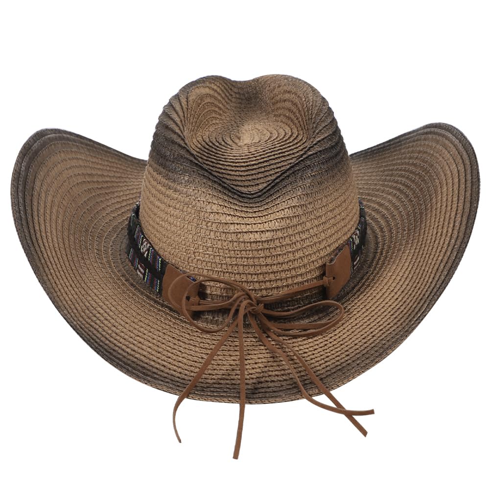 Western Cowboyhut mit Stierkopf Dekor Westernhut Breit Krempe Cowboyhut mit Verstellbar Kordelzug Strohhut UV Schutz Panamahut Unisex Retro Sonnenhut Faltbar Outdoorhut für Wandern Camping Reisen