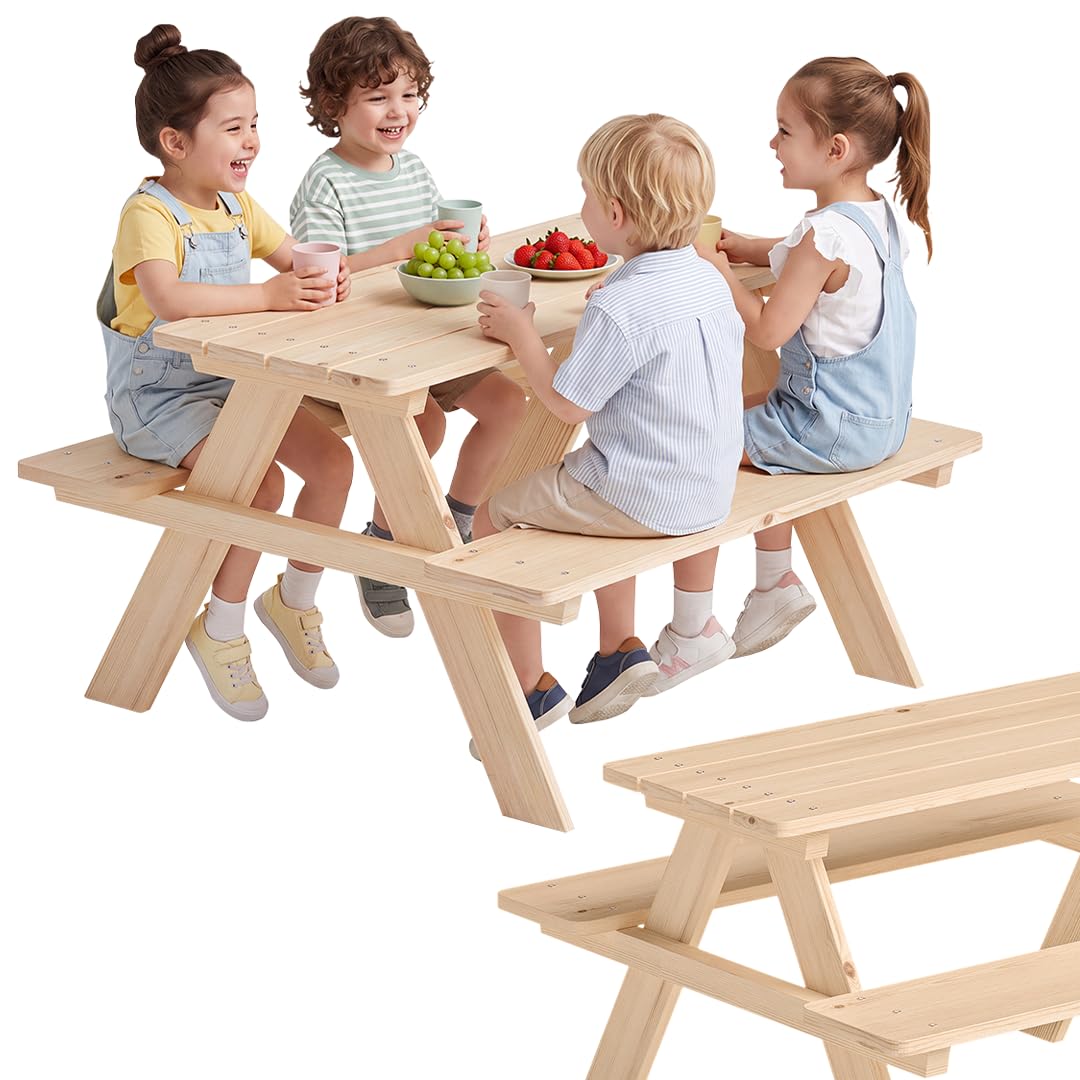 Bellabino Kindersitzgruppe für 4 Kinder – Kindertisch mit 2 Bänken – Picknicktisch aus Kiefer, unbehandelt – Gartenmöbel ab 2 Jahren