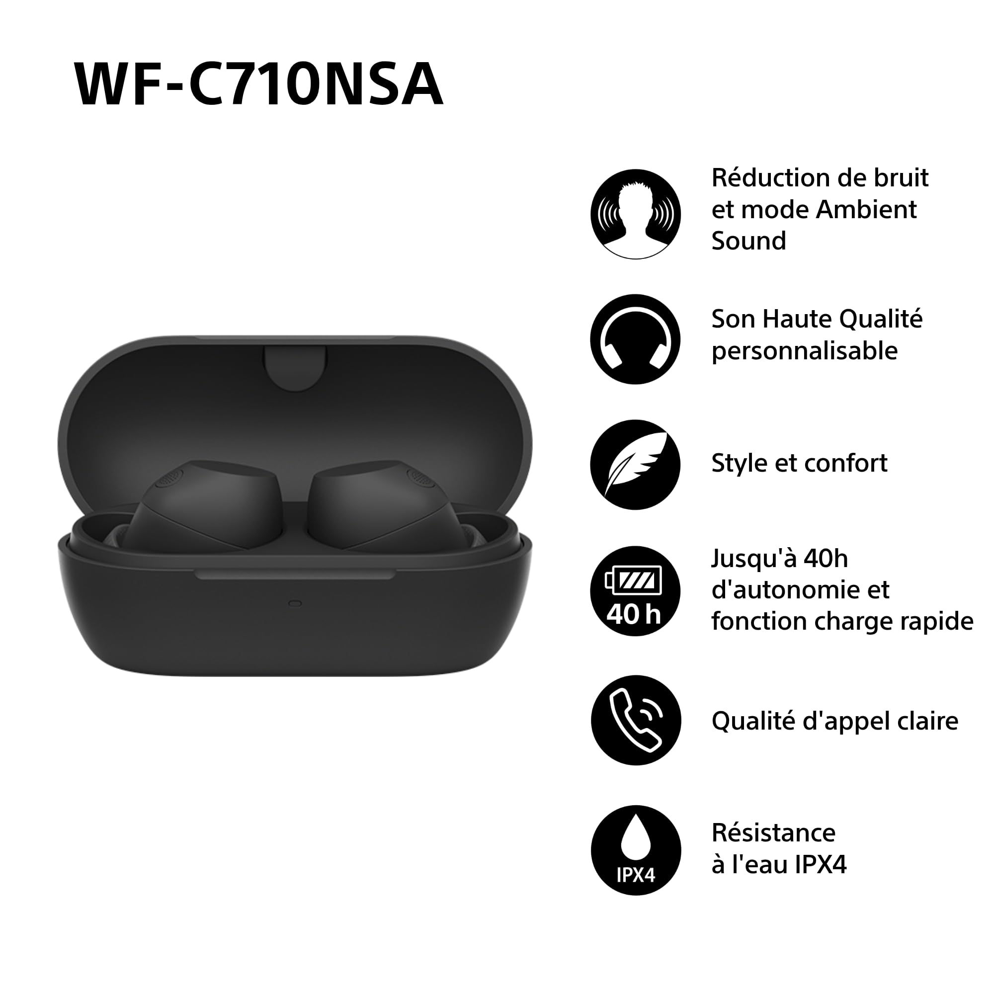 Sony WF-C710NSA - Écouteurs sans Fil à réduction de Bruit, écouteurs légers, Commandes tactiles, Connexion multipoint, IPX4, jusqu'à 40 HR de Pile, Charge Rapide, iOS et Android - Noir