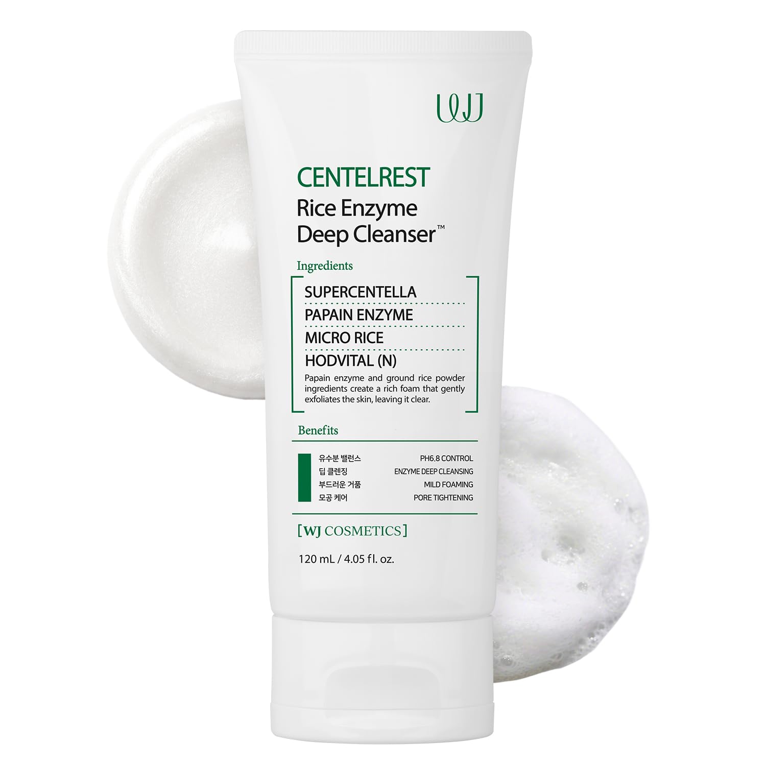 WJ Cosmetics Centelrest Rice Enzyme Deep Cleanser – Hydrating Foaming Face Cleanser, Pore Cleansing Wash for Sebum Control and Blackhead Removal with Centella Asiatica and Papain Enzyme (4.05 fl. oz)