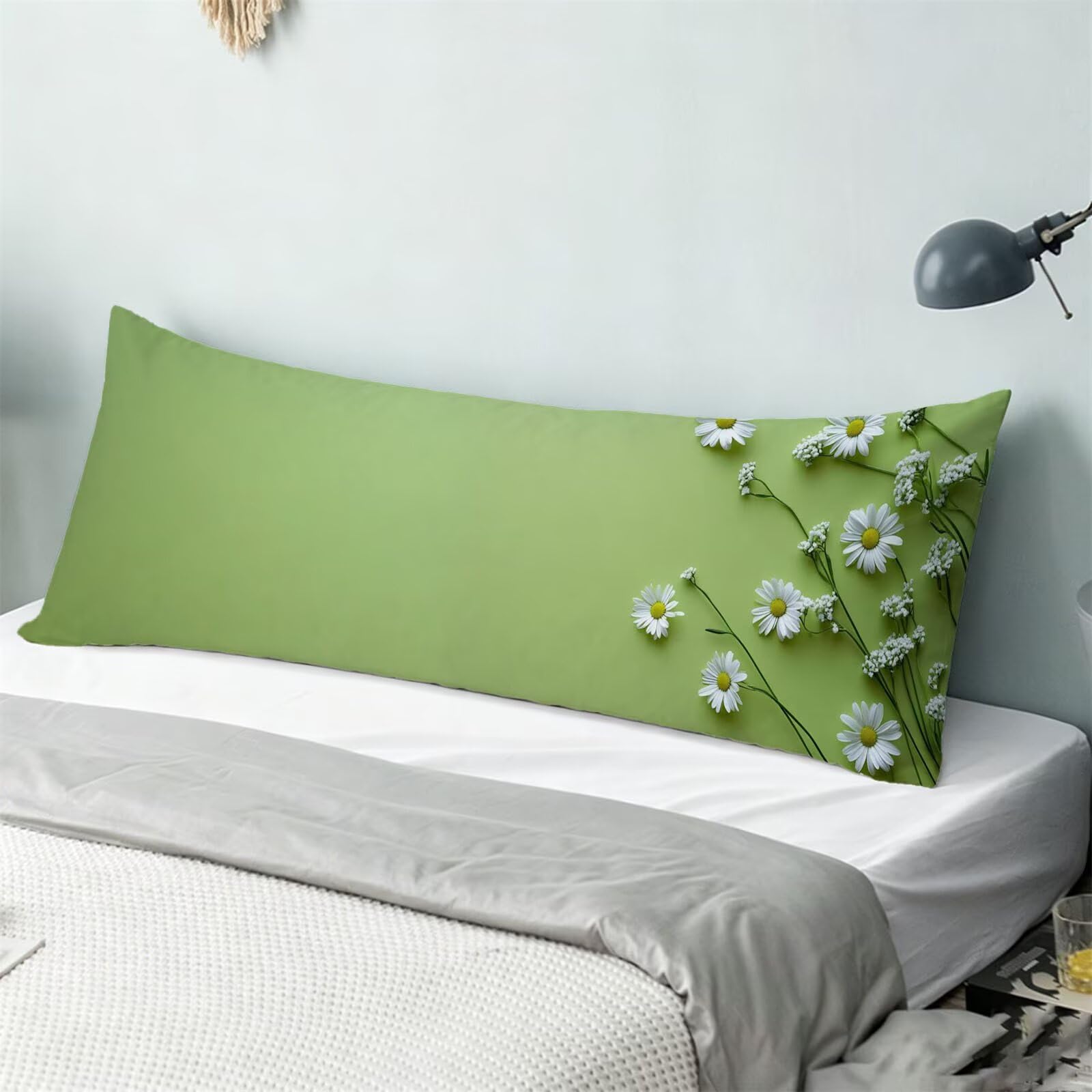 Funda de Almohada 60 x 180 cm Verde Protector Almohada 180 cm con Cremallera Invisible, Lino Durable y Transpirable Pillow Case Largas Moderno Impresión a Doble Cara para Cama, Sofá y Dormitorio dg-53