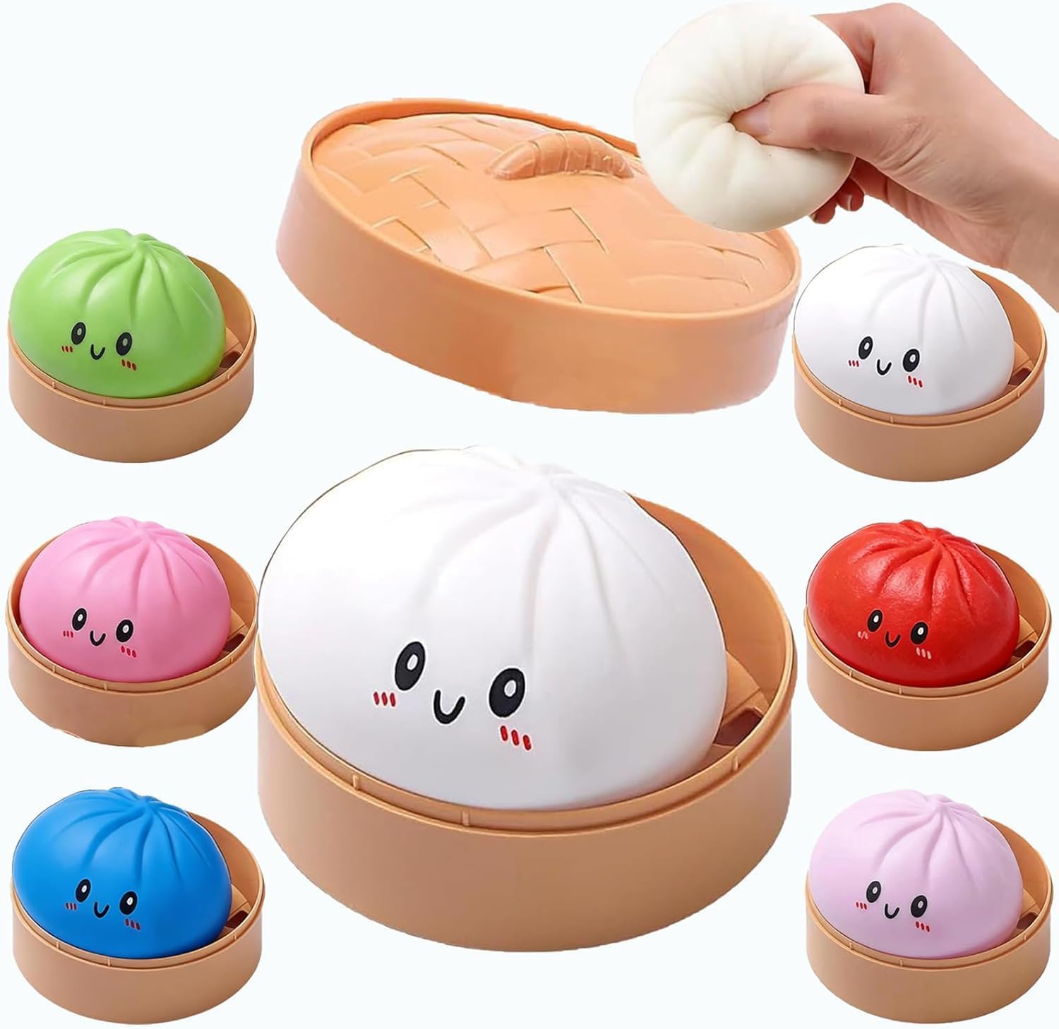 Colorful Dumplings Stress Balls Novlety Dumpling Stuffed Bun Plush Rainbow Dumplings Cute Anxiety Relief Fidget Toy Decompression Dough for Adults Bun with Food Steamer Stretchy Toys (White)