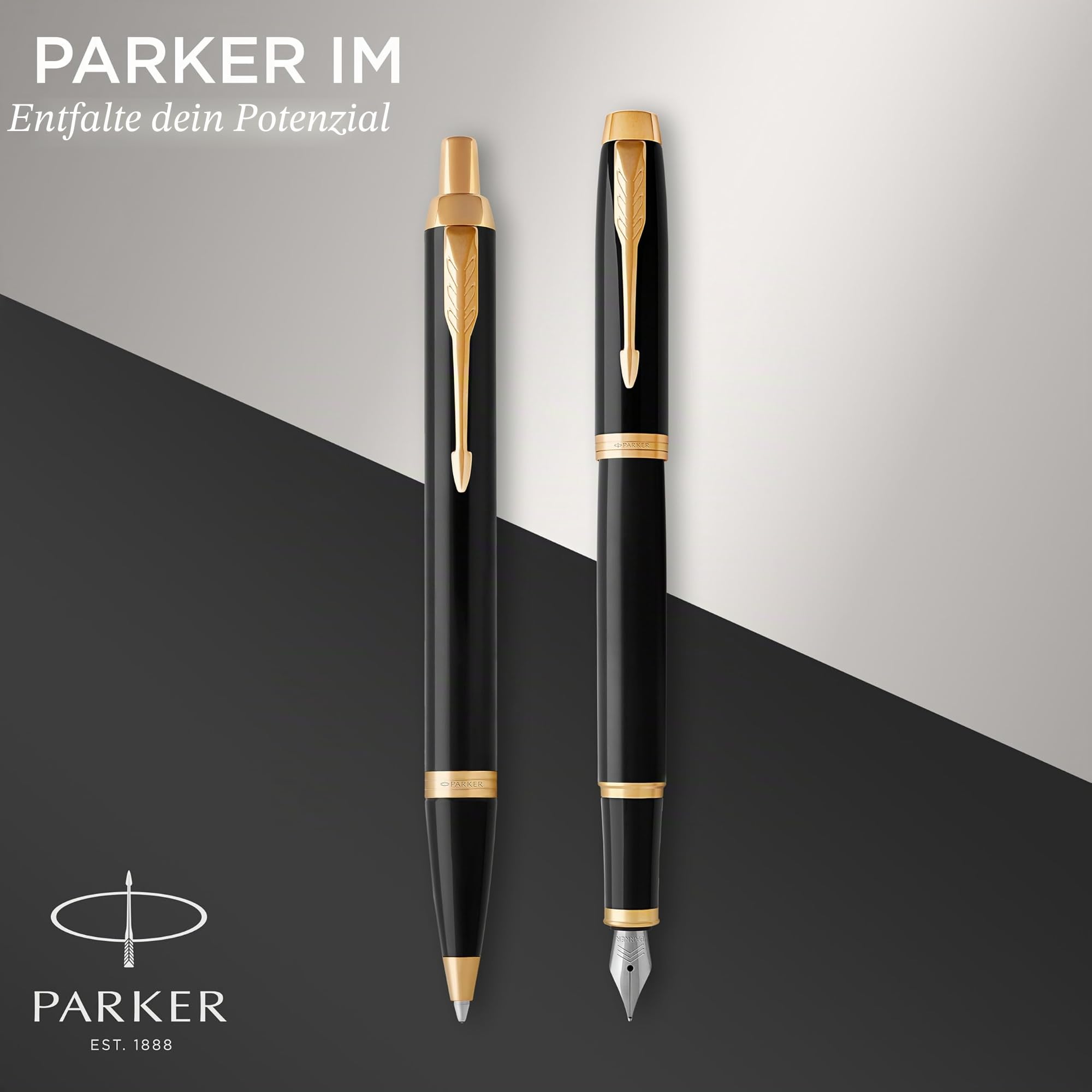 Parker IM Duo-Geschenkset mit Kugelschreiber und Füller, Hochglänzend Schwarz mit Goldzierteilen, Nachfüllmine und -patrone mit blauer Tinte, Geschenkbox