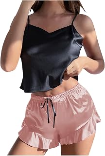 Generic Womens Silk Pajamas Set Summer Spaghetti Straps Cami Tops Ruffle Shorts 2 Piece Lounge Sets Sexy Comfy Cute Sleepwear
