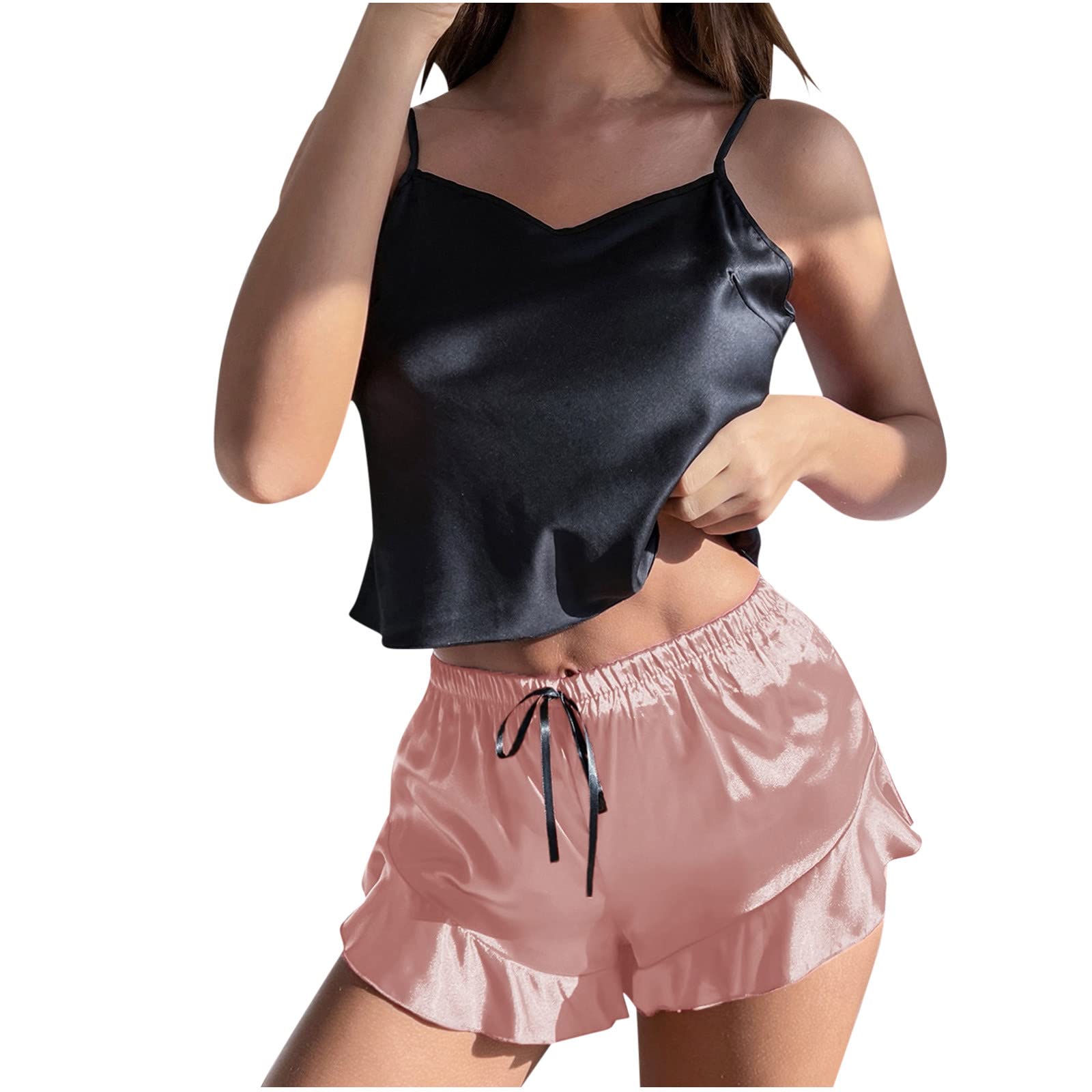 Womens Silk Pajamas Set Summer Spaghetti Straps Cami Tops Ruffle Shorts 2 Piece Lounge Sets Sexy Comfy Cute