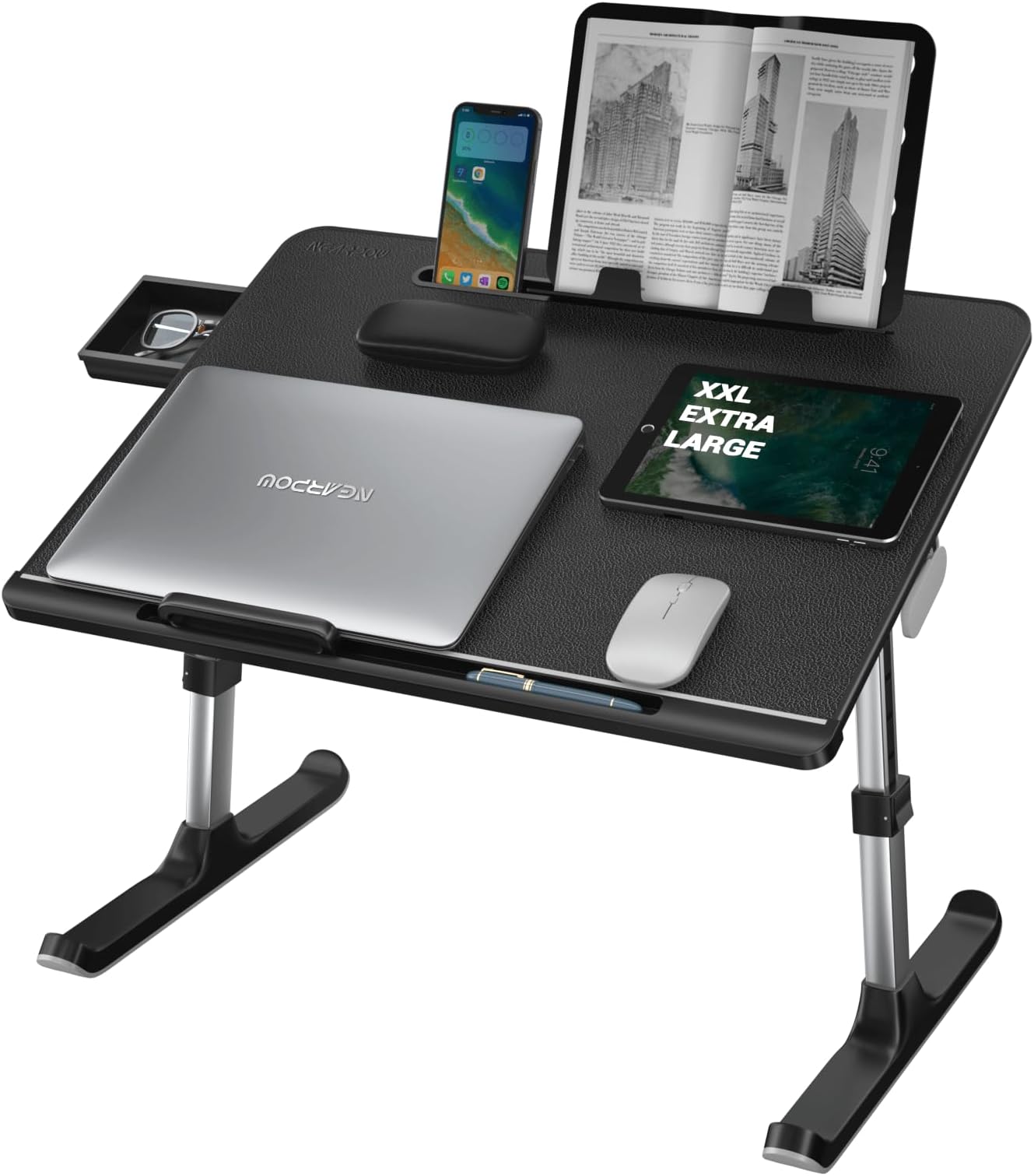 Laptop Desk for Bed, NEARPOW XXL Bed Table for Laptop and Writing, Adjustable Computer Tray Foldable Laptop Stand for Bed or Sofa W/Anti-Slip Faux Leather,Removable Stopper, Book Stand & Drawer Black