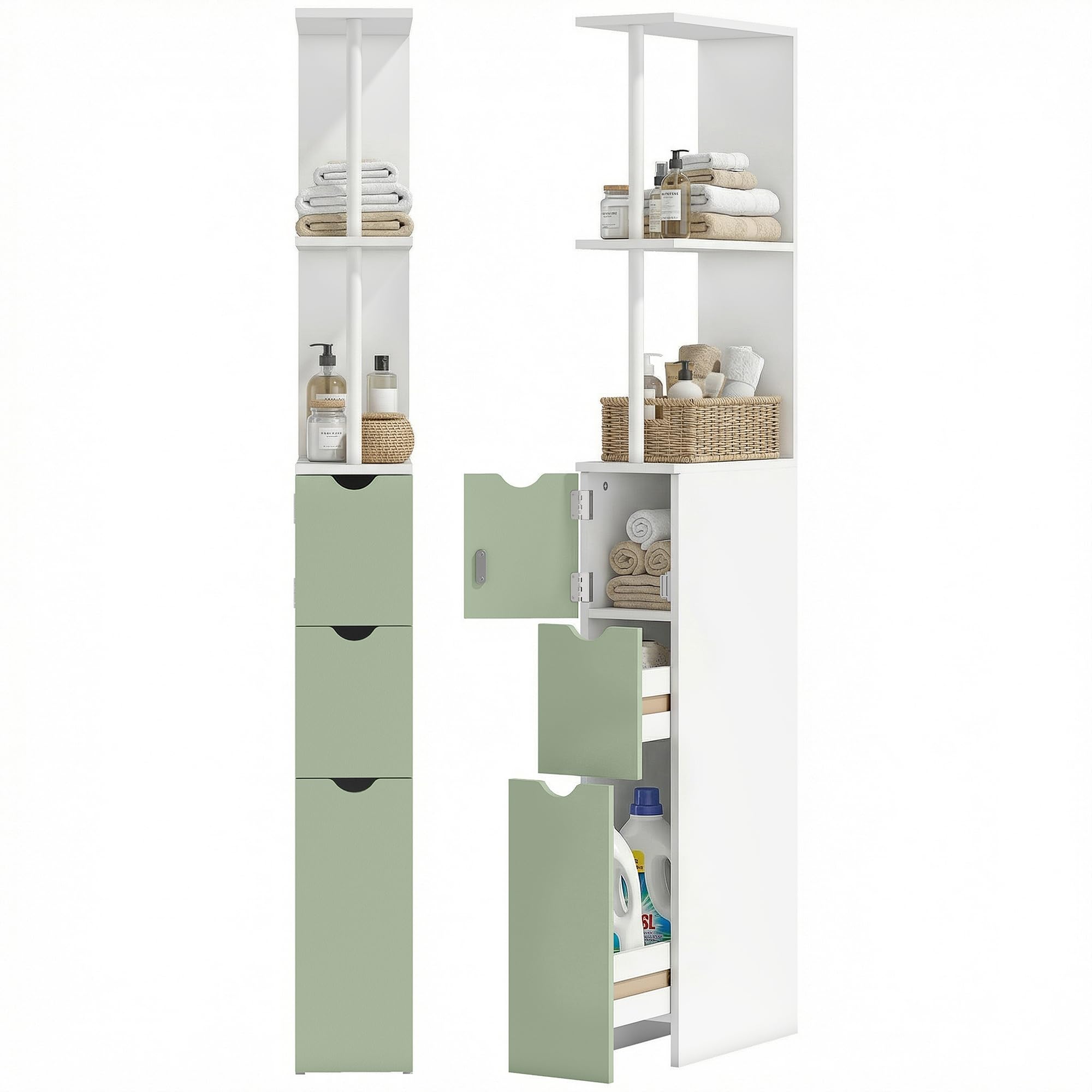 HOMCOM Tall Bathroom Cabinet Freestanding Slim Narrow White and Light Green